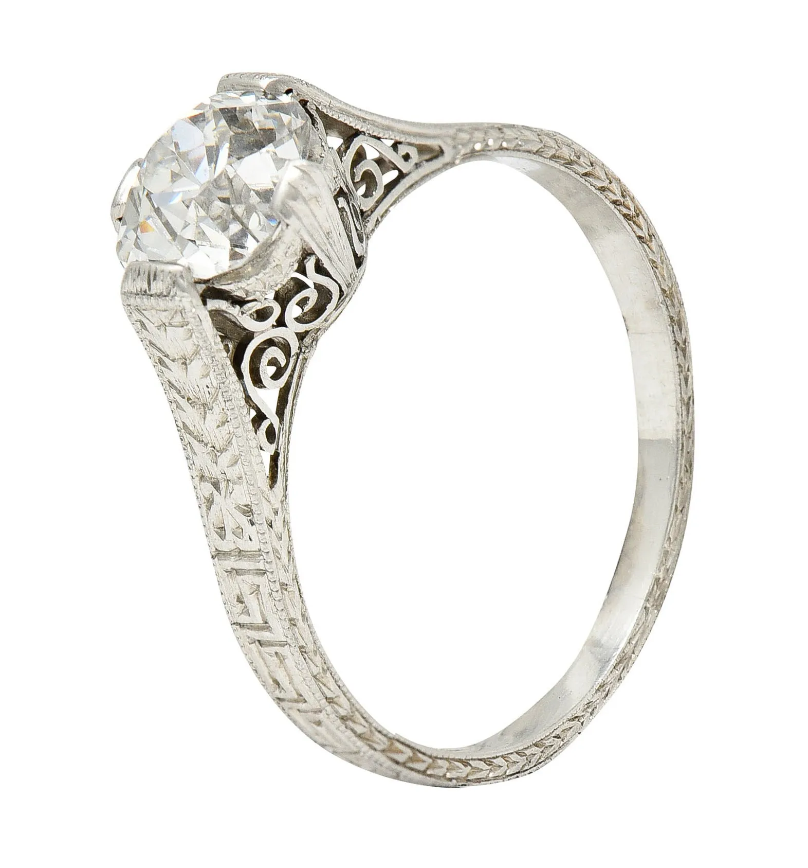 Art Deco 1.15 CTW Diamond Platinum Greek Key Engagement Ring