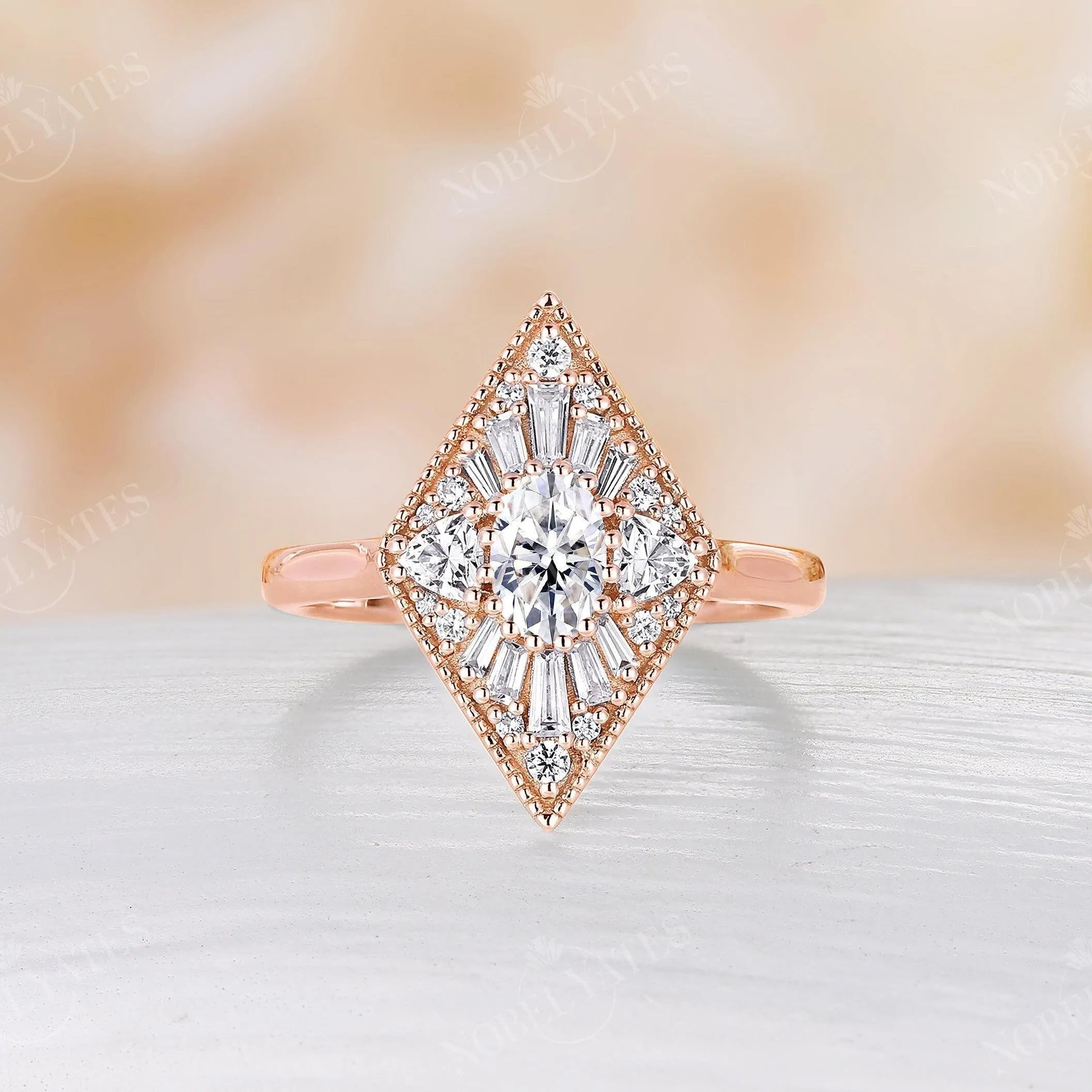 Art deco Kite Shape Moissanite Engagement Ring Rose Gold