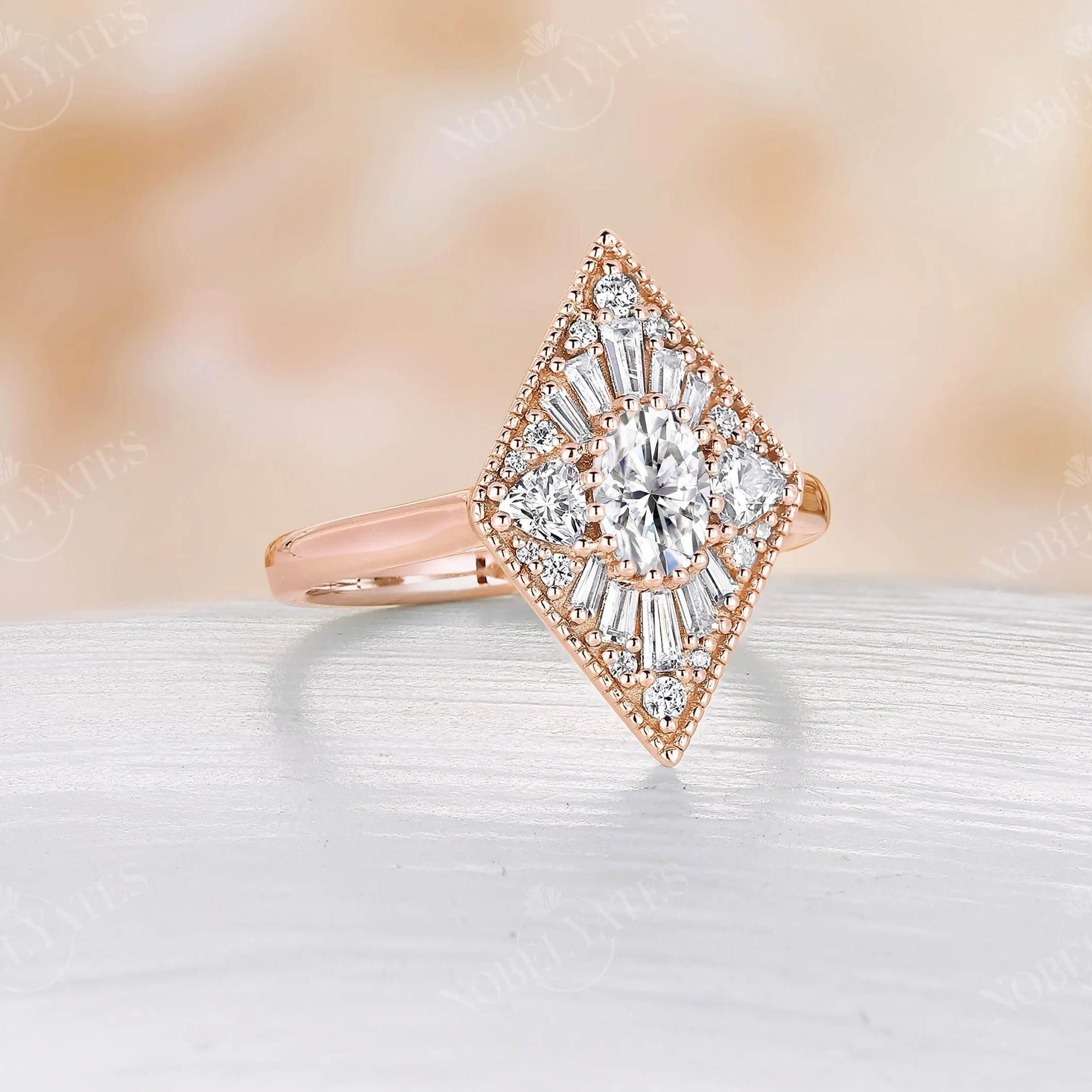 Art deco Kite Shape Moissanite Engagement Ring Rose Gold