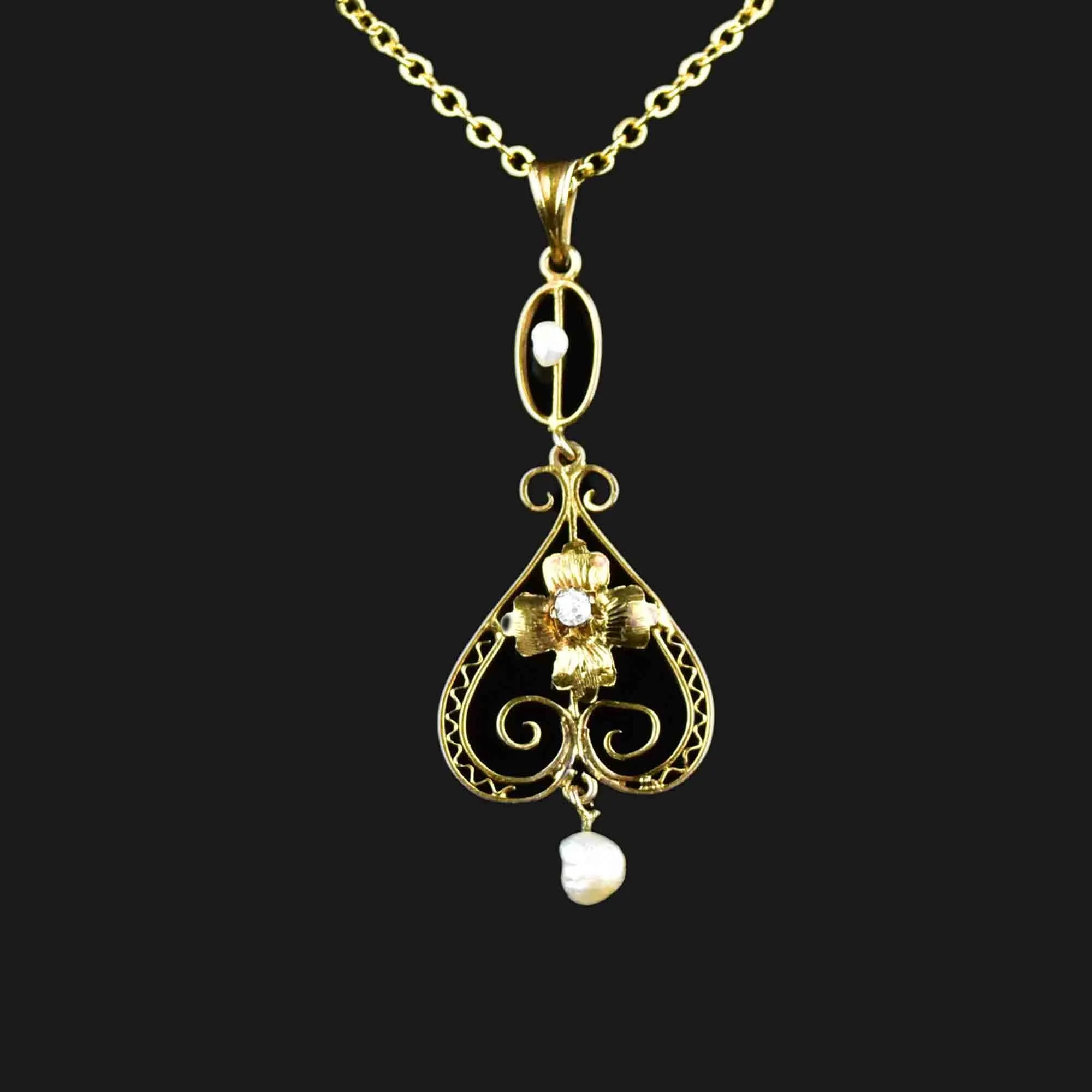 Art Nouveau 10K Gold Filigree Diamond Pearl Lavaliere Necklace