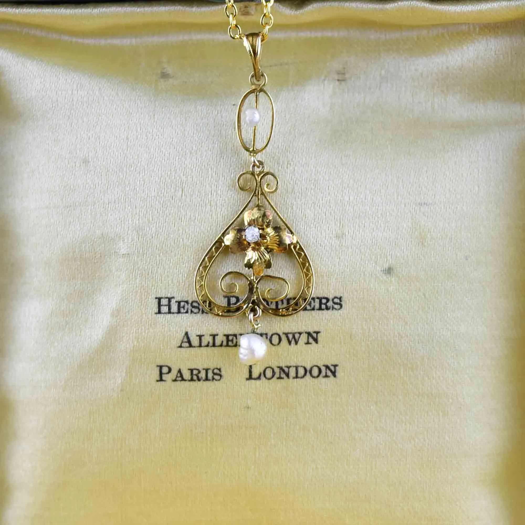 Art Nouveau 10K Gold Filigree Diamond Pearl Lavaliere Necklace