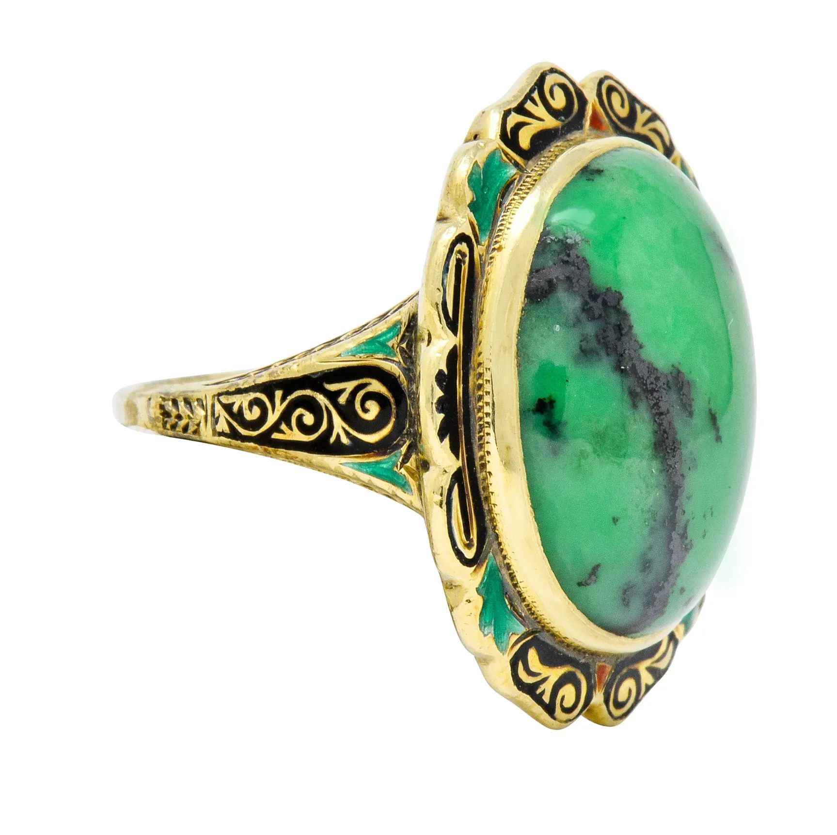 Art Nouveau Hardstone Cabochon Enamel 14 Karat Gold Gemstone Ring