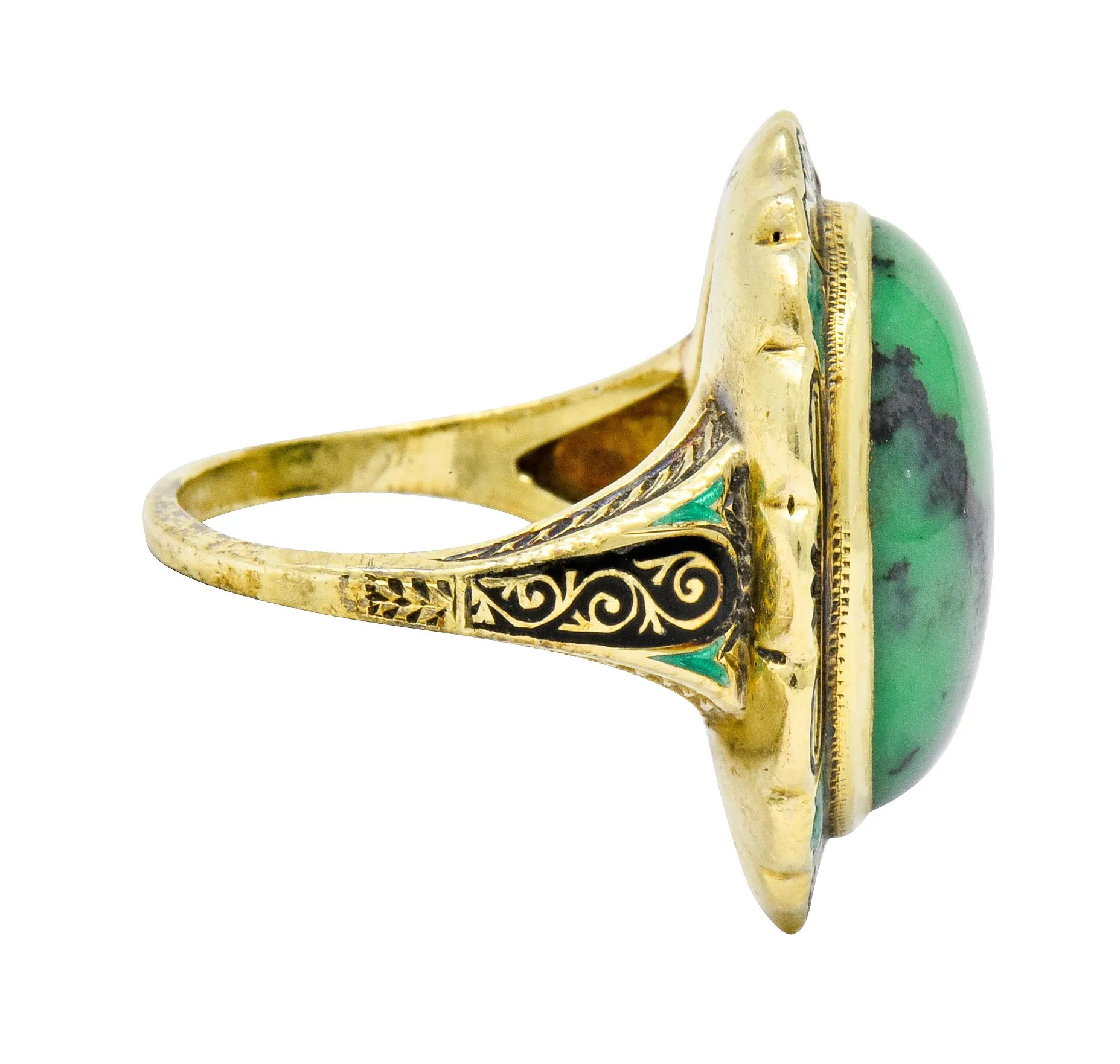 Art Nouveau Hardstone Cabochon Enamel 14 Karat Gold Gemstone Ring