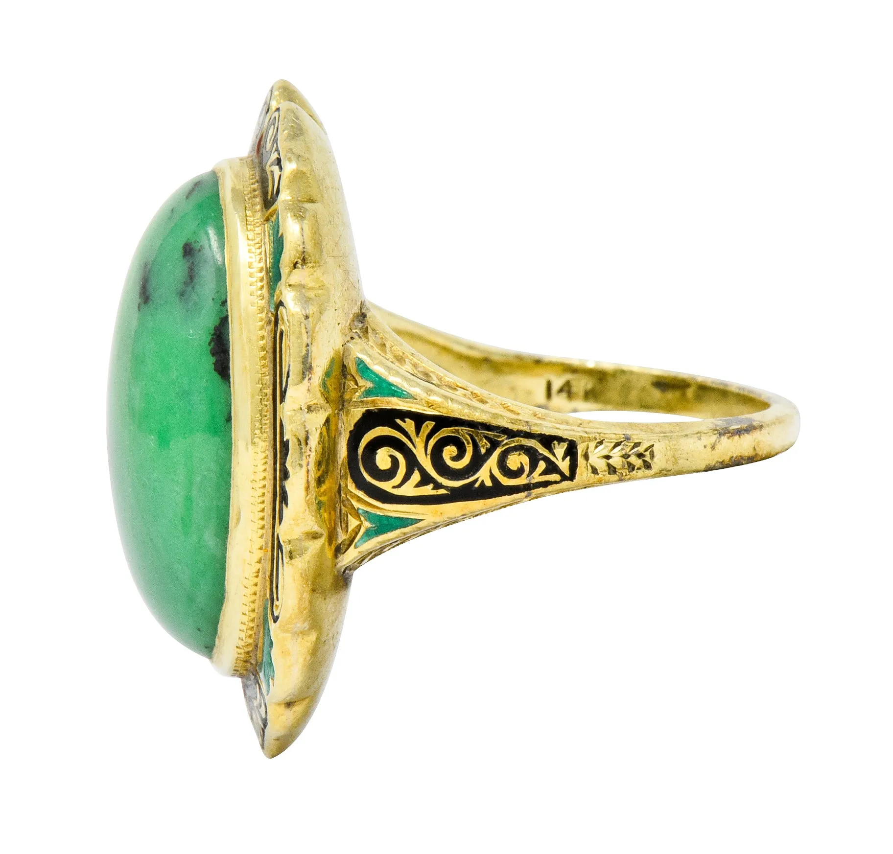 Art Nouveau Hardstone Cabochon Enamel 14 Karat Gold Gemstone Ring