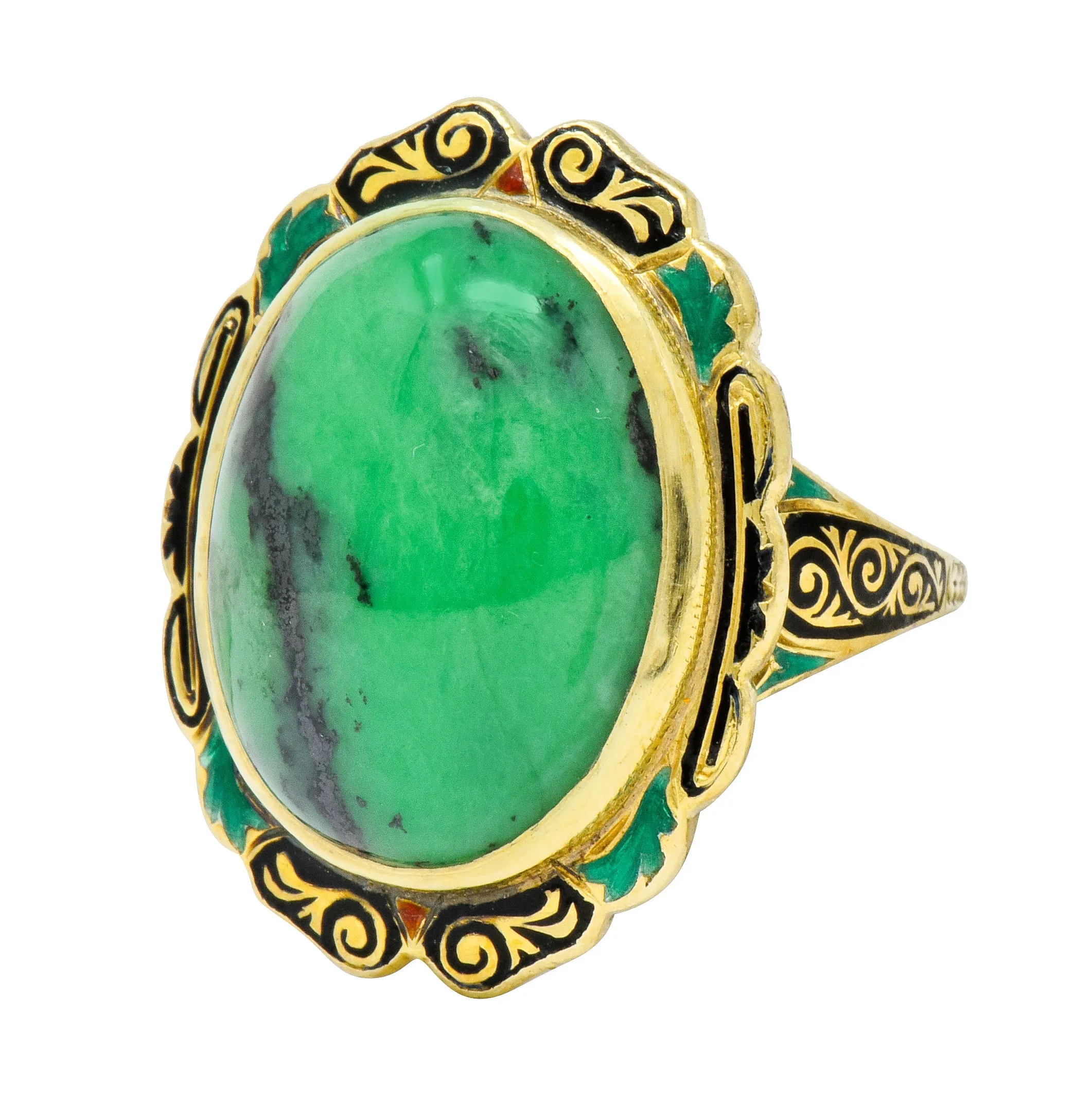 Art Nouveau Hardstone Cabochon Enamel 14 Karat Gold Gemstone Ring