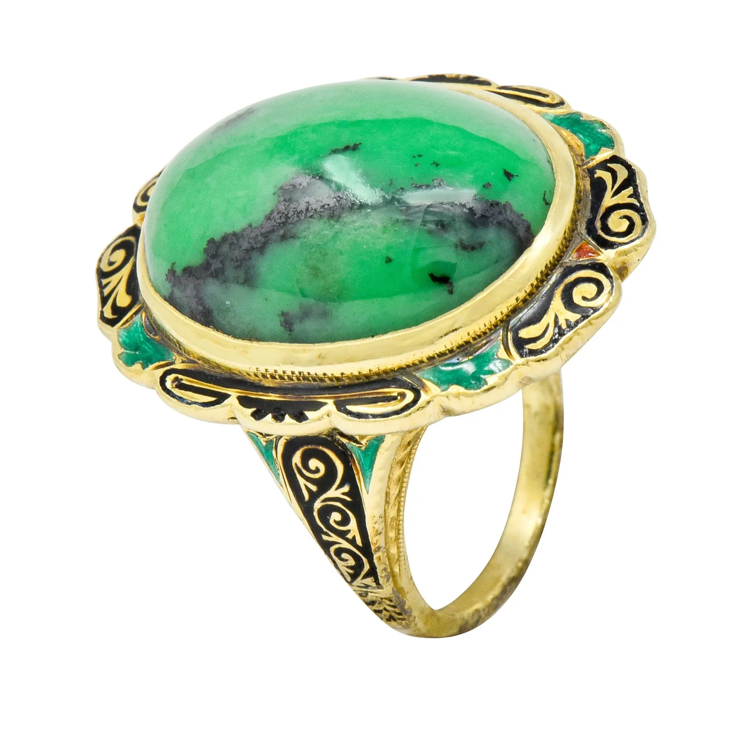 Art Nouveau Hardstone Cabochon Enamel 14 Karat Gold Gemstone Ring