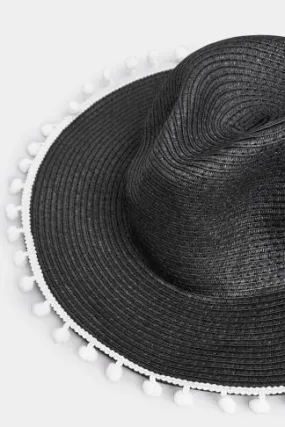 Black Pom Pom Straw Fedora Hat