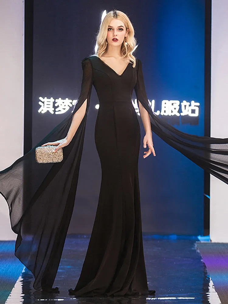 Black Red Queen Duble V Long-Sleeve Women Stage Evening Dress Mermaid Zipper Floor-Length Chiffon Vestidoes