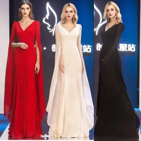 Black Red Queen Evening Dresses Duble V Long-Sleeve Women Stage Dress Mermaid Zipper Floor-Length Chiffon Vestidoes Evening