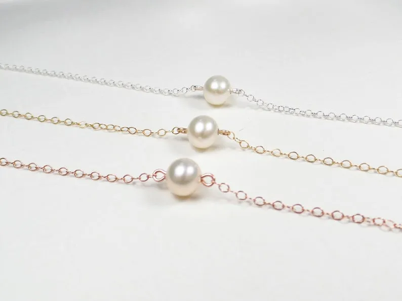 Bridesmaid Dainty Pearl Bar chain Necklace | Wire Wrap Pearl