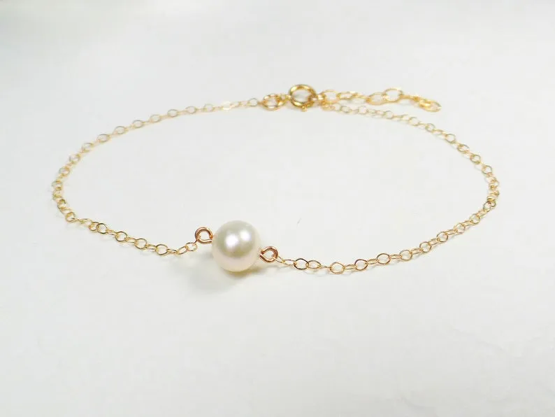 Bridesmaid Dainty Pearl Bar chain Necklace | Wire Wrap Pearl