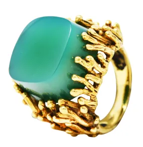 Brutalist Chrysoprase 18 Karat Yellow Gold Sculptural Ring