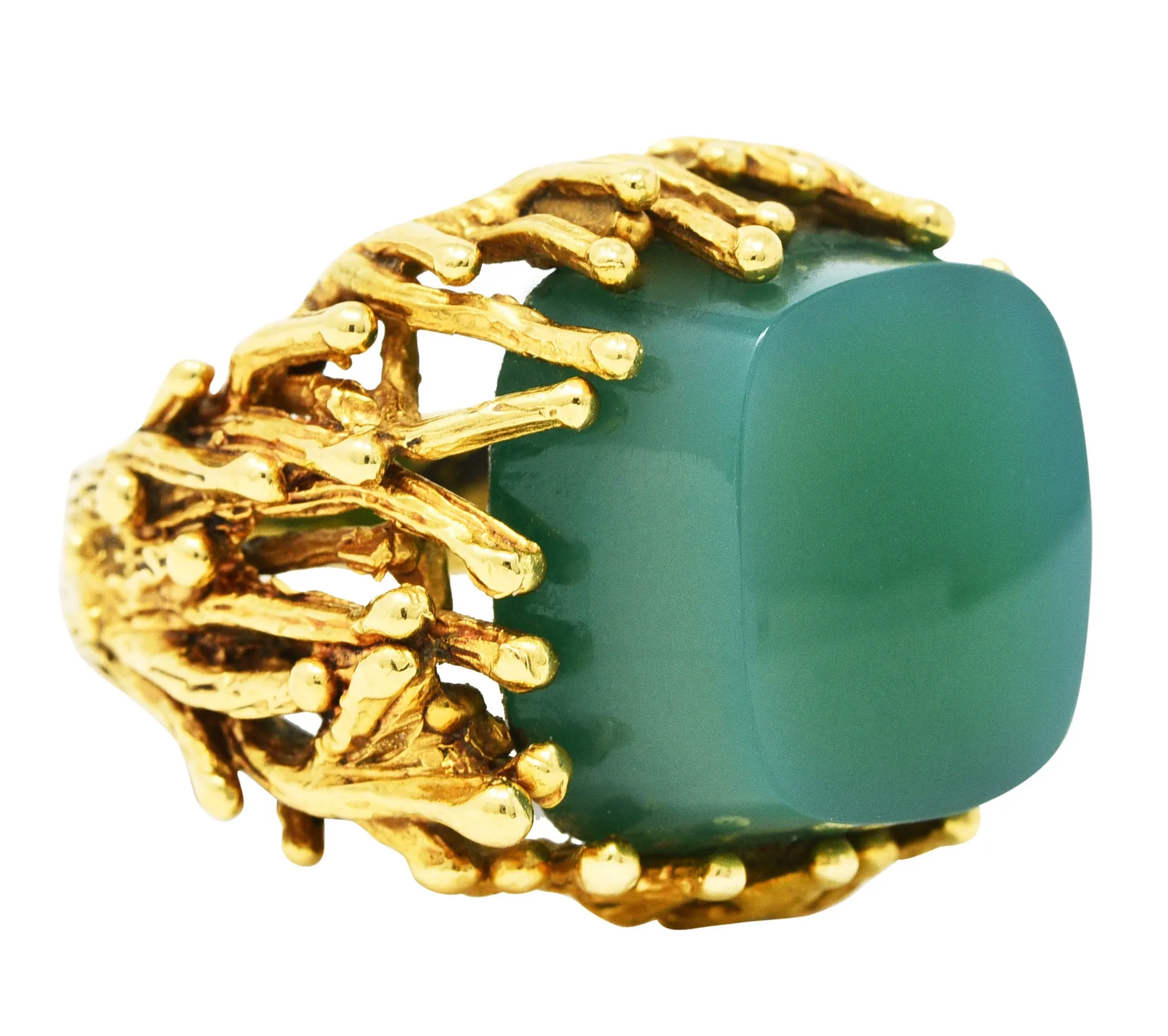 Brutalist Chrysoprase 18 Karat Yellow Gold Sculptural Ring