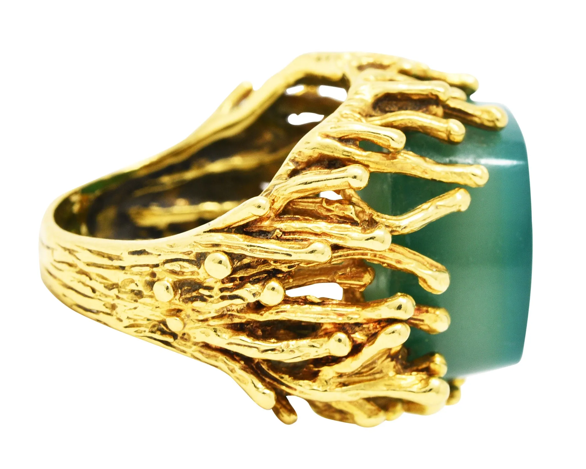 Brutalist Chrysoprase 18 Karat Yellow Gold Sculptural Ring