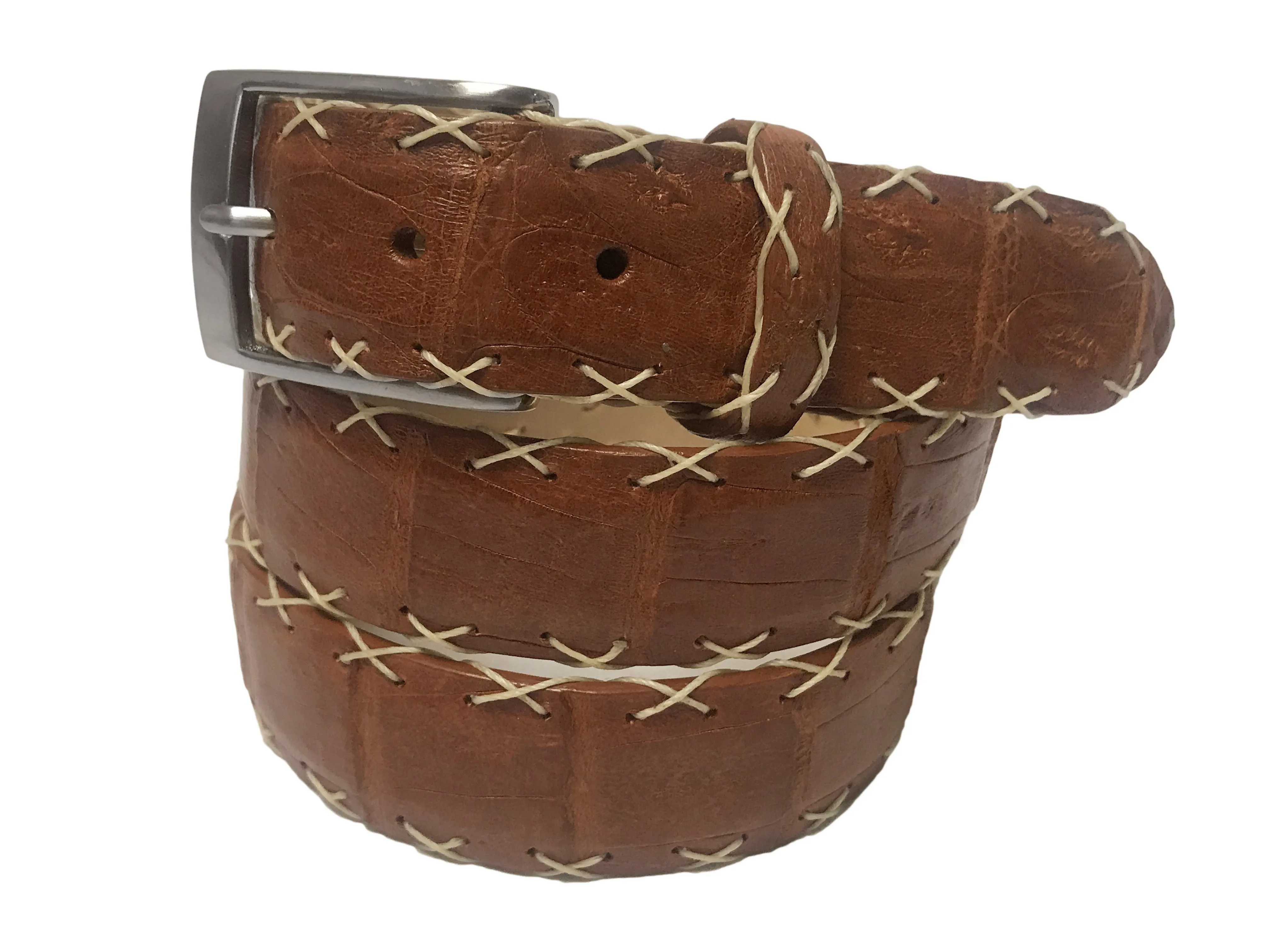 Caiman Skin Cross Stitch Belt Cognac