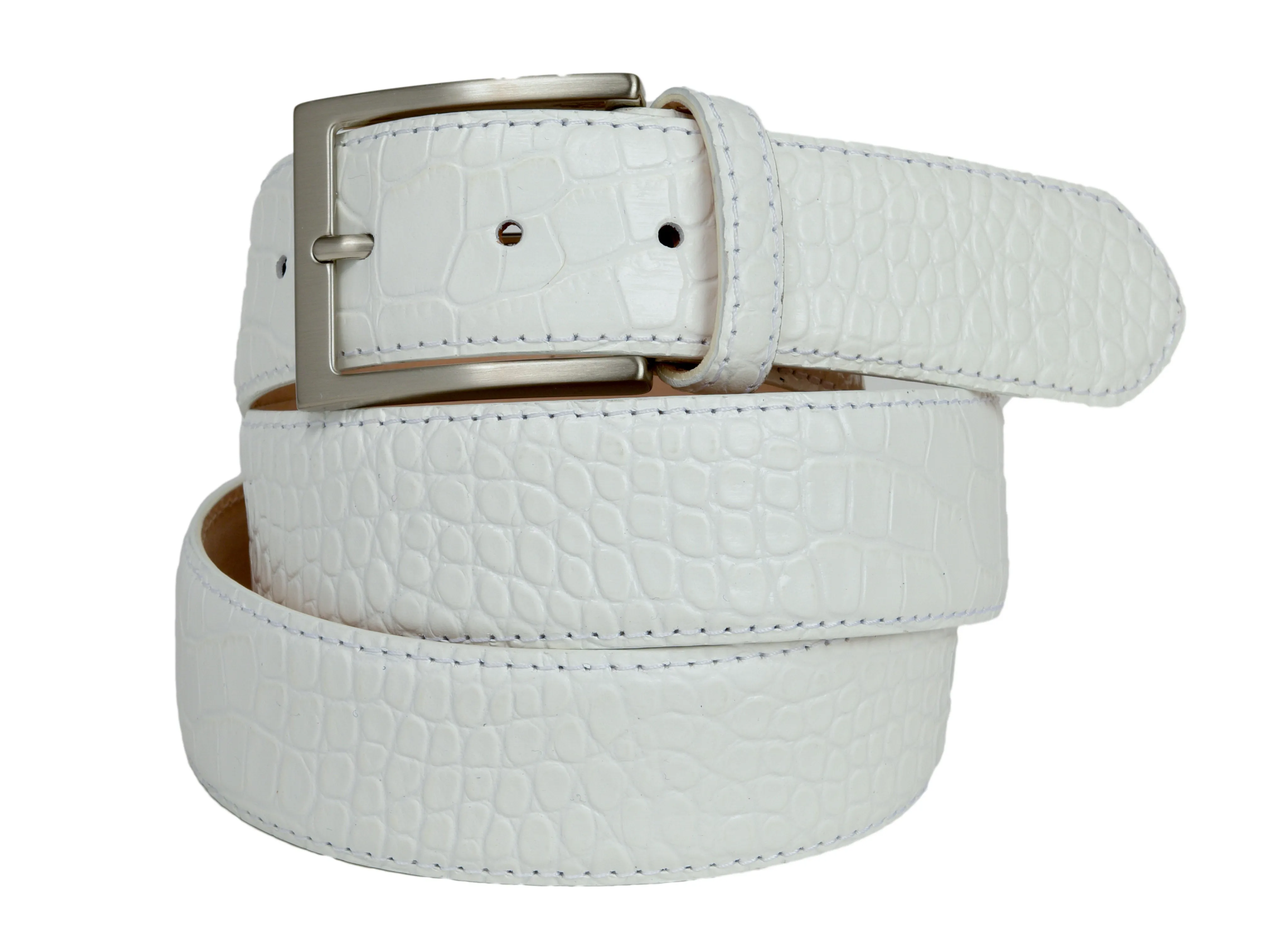 Calf Skin Alligator Embossed Belt White