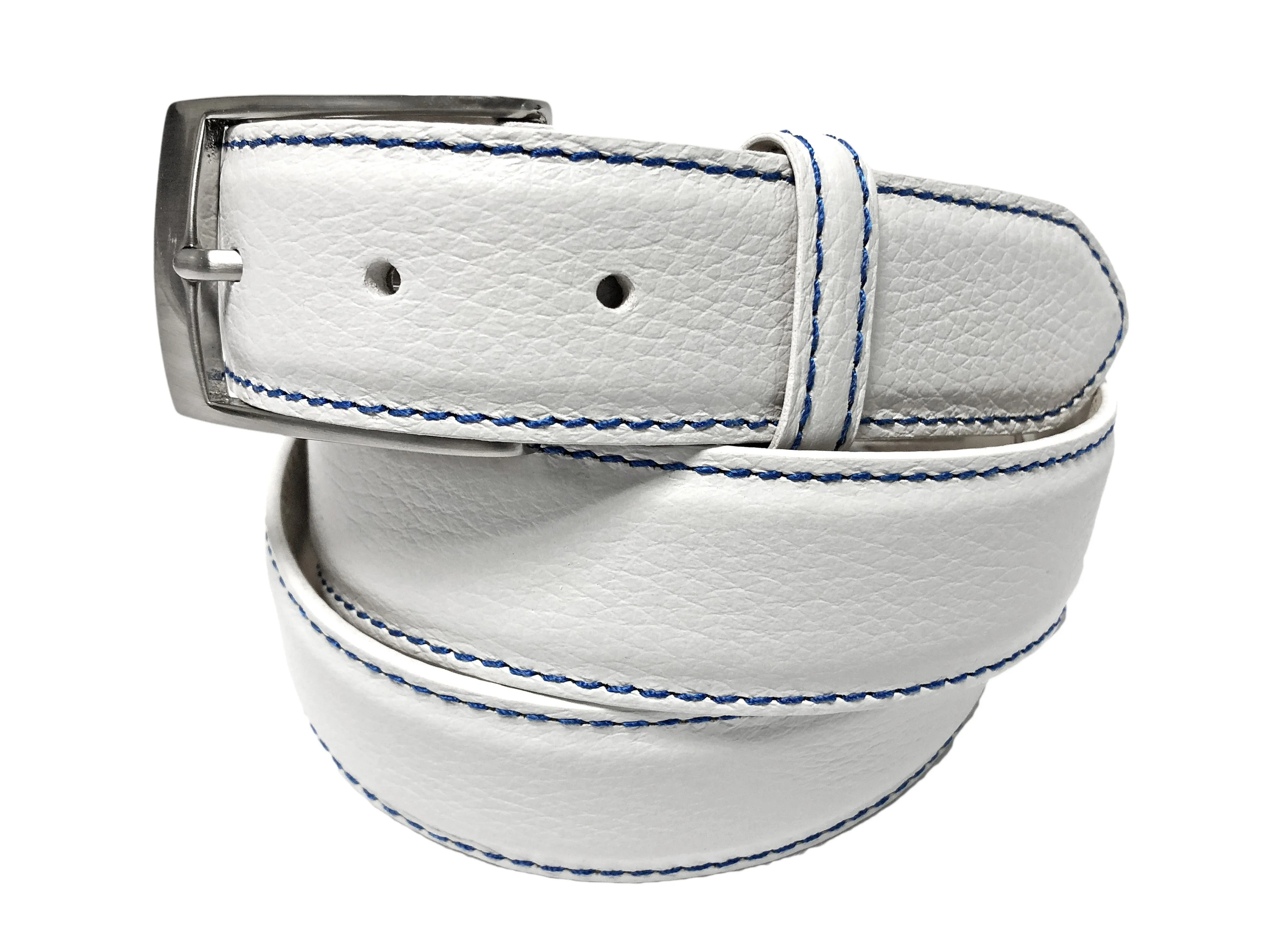 Calf Skin Pebble Belt White / Blue Stitch