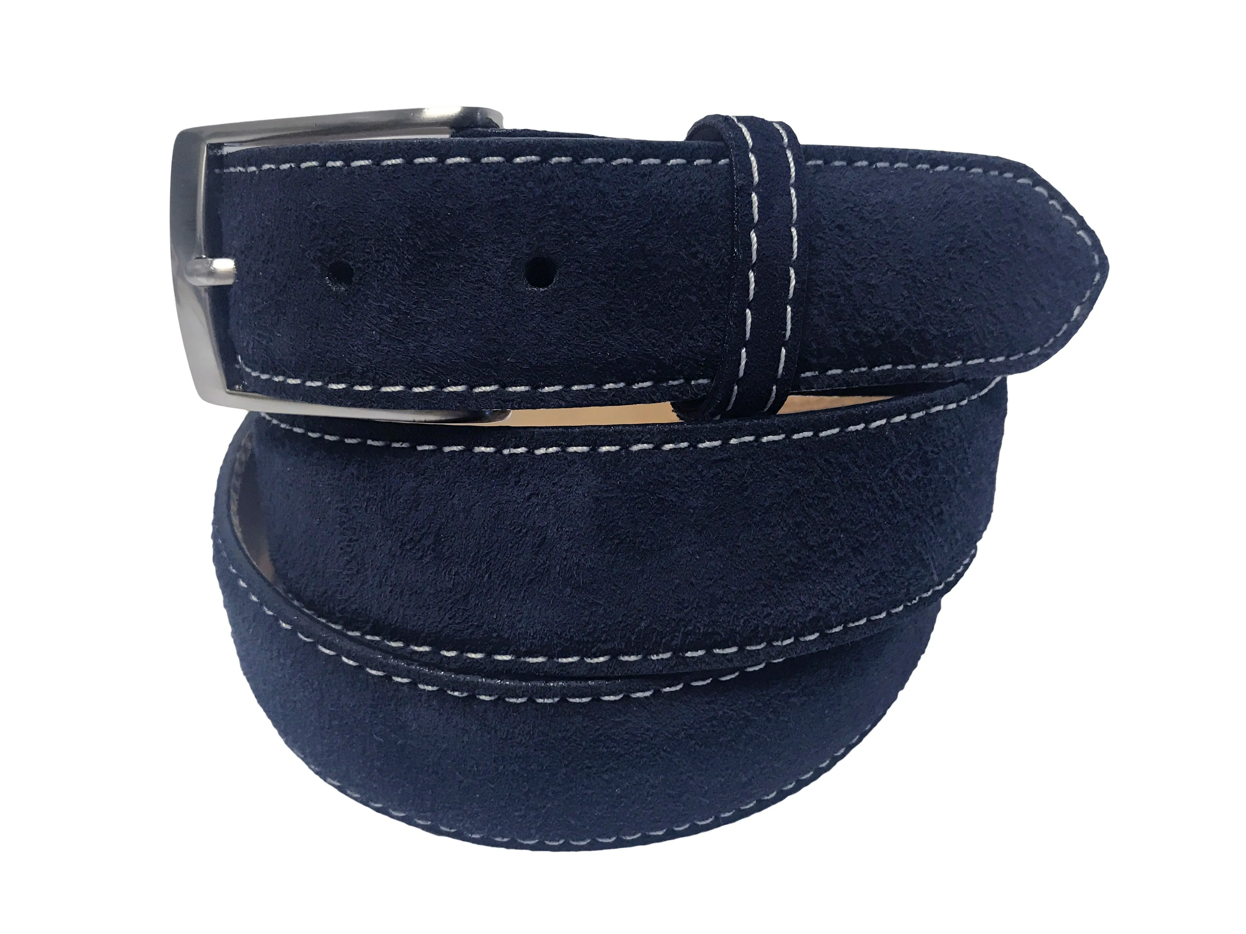 Calf Skin Suede Belt Navy / White Stitch