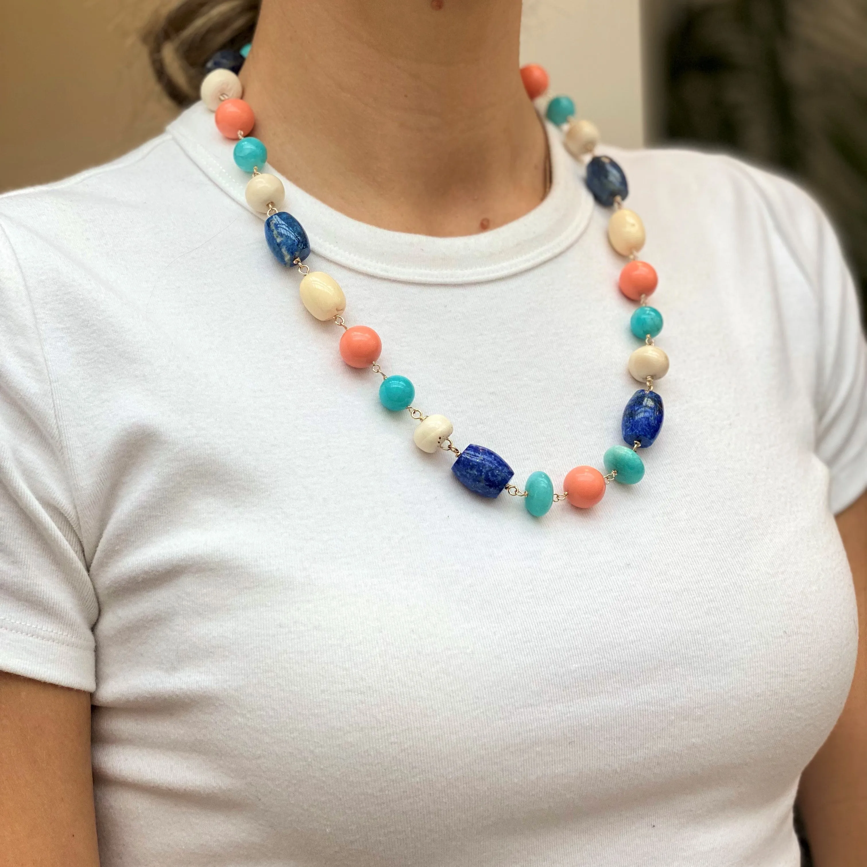 Caspian Lapis, Chrysoprase, and Coral Necklace