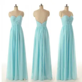 Cheap Simple Junior Strapless Sweetheart Blue Chiffon A-line Floor-Length Wedding Party Bridesmaid Dresses , WG56