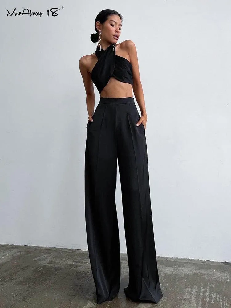 Classy Women High Waist Floor-Length Satin Trousers