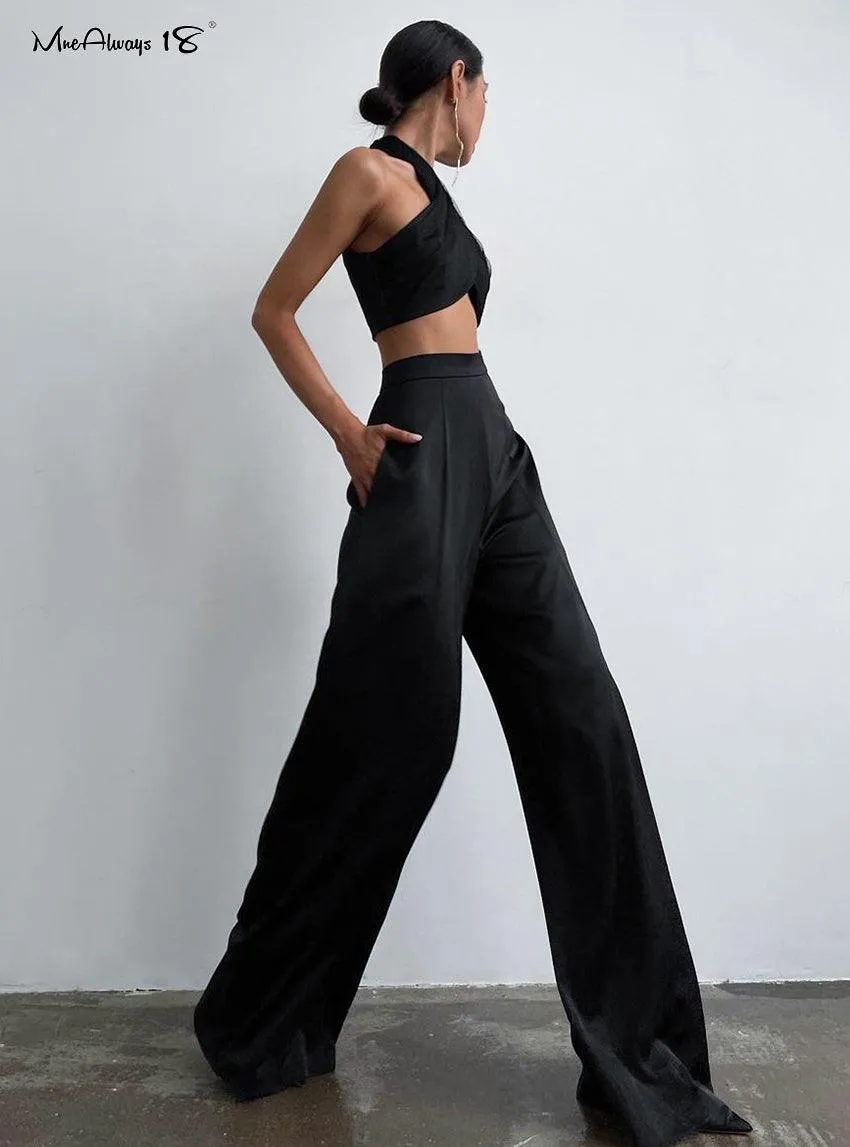 Classy Women High Waist Floor-Length Satin Trousers