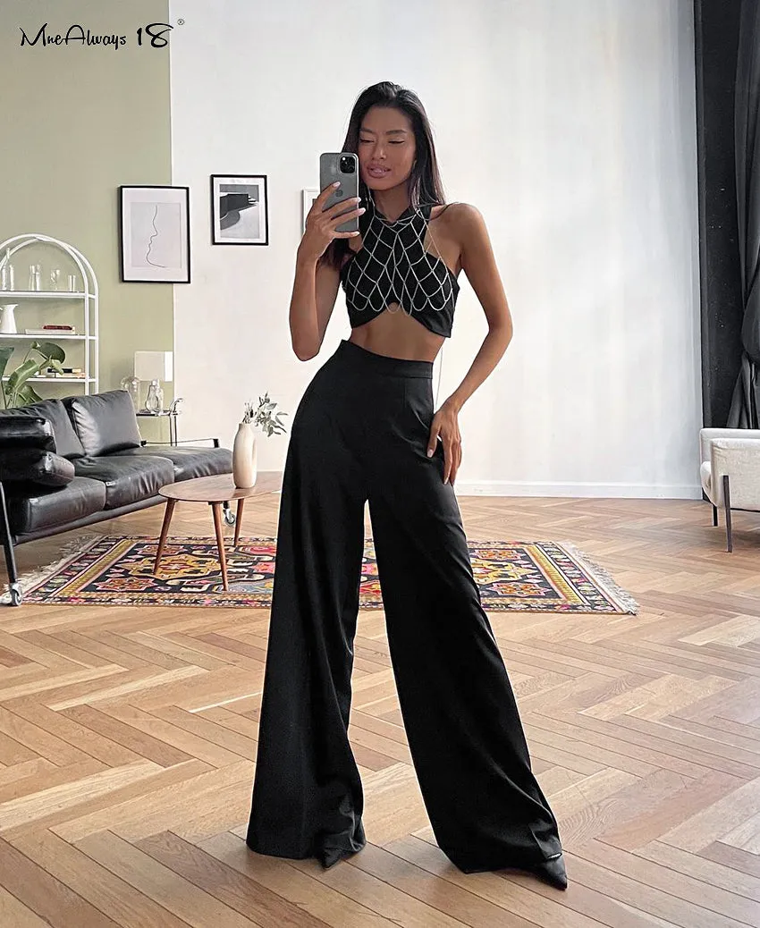 Classy Women High Waist Floor-Length Satin Trousers