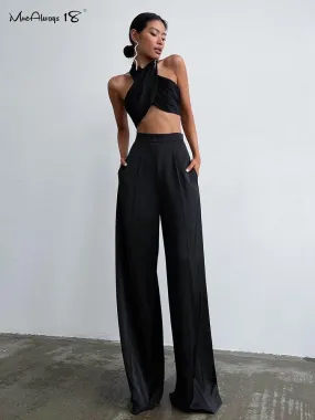 Classy Women High Waist Floor-Length Satin Trousers