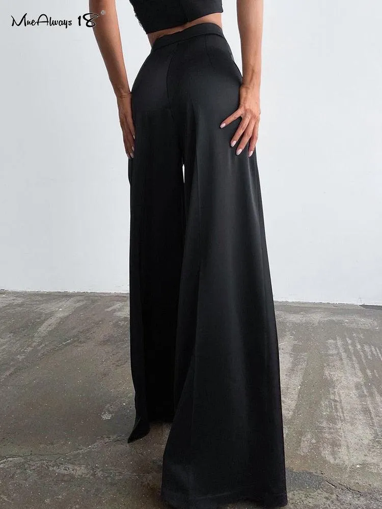 Classy Women High Waist Floor-Length Satin Trousers