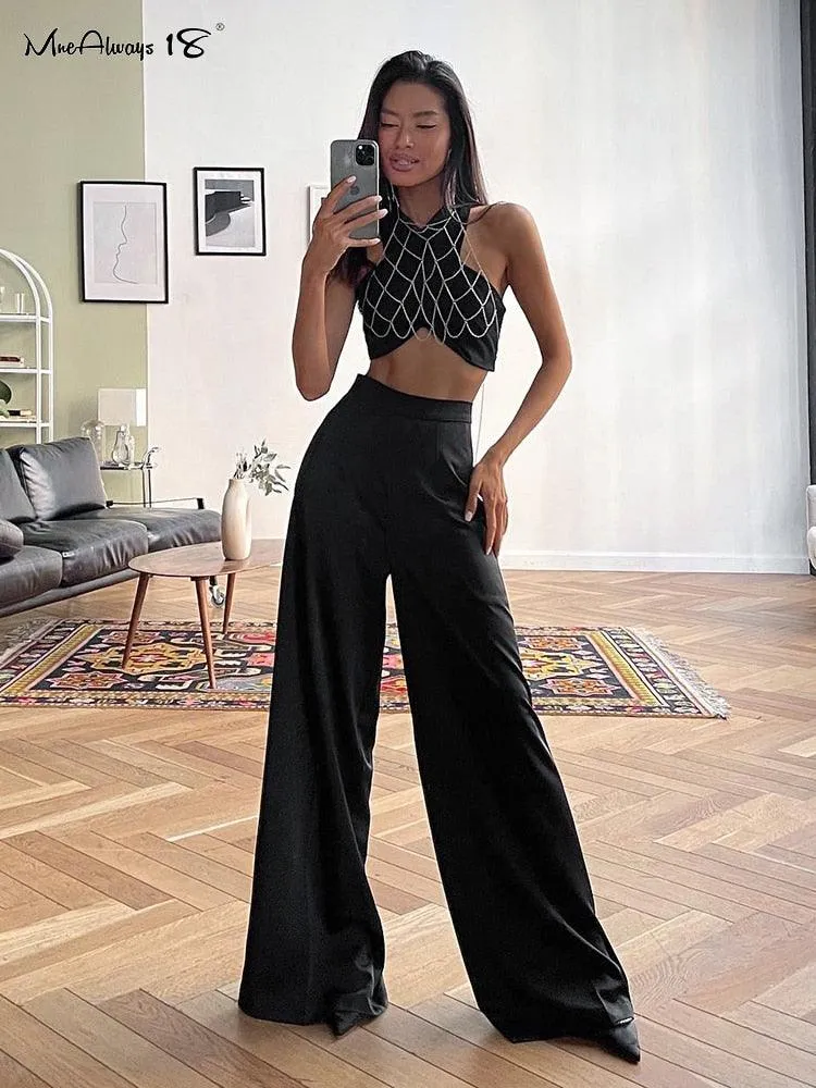 Classy Women High Waist Floor-Length Satin Trousers