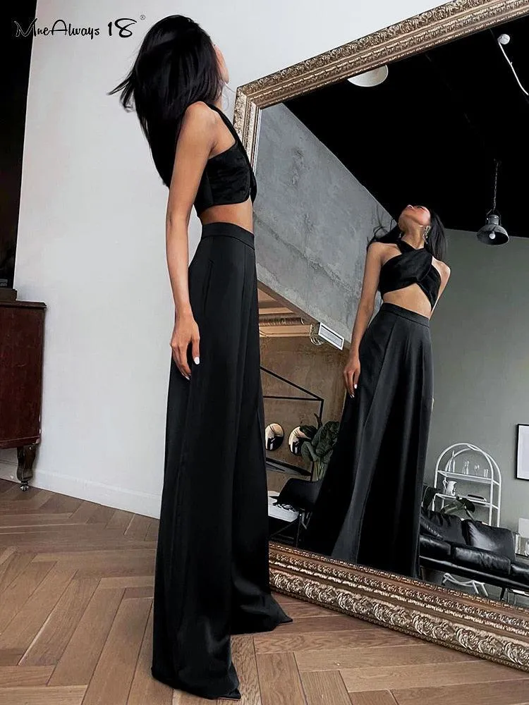 Classy Women High Waist Floor-Length Satin Trousers