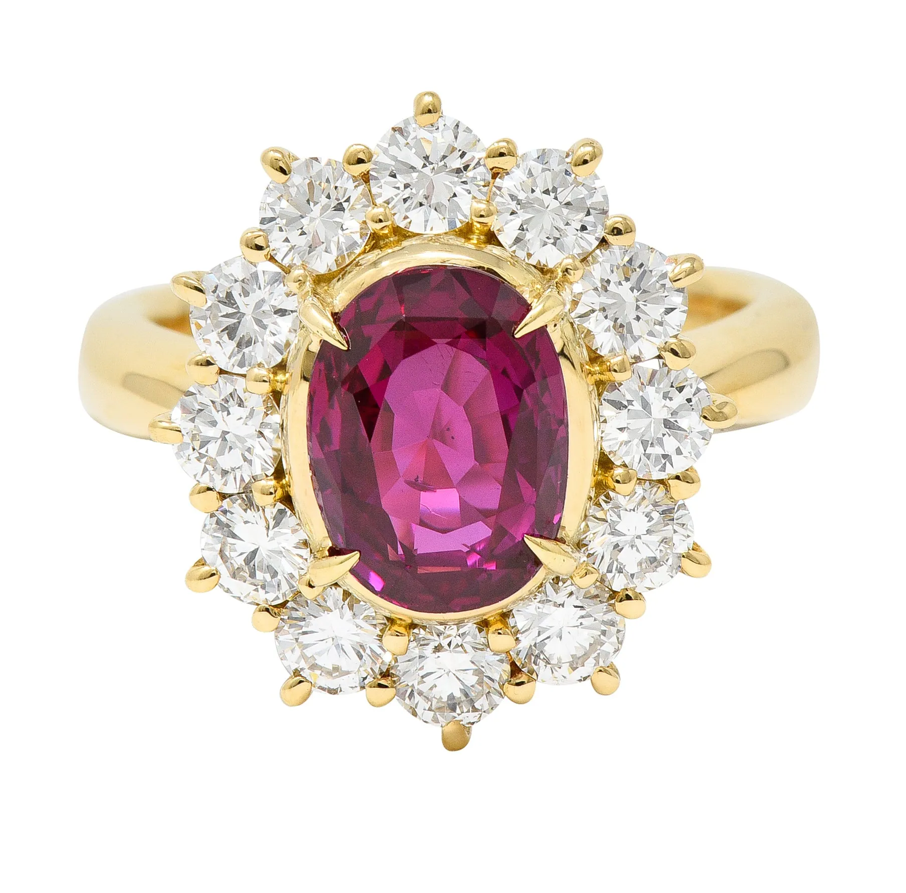 Contemporary 4.28 CTW Oval Step Cut Ruby Diamond 18 Karat Yellow Gold Halo Ring GIA