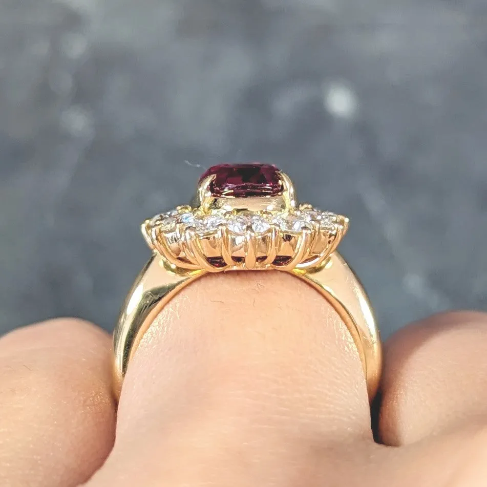 Contemporary 4.28 CTW Oval Step Cut Ruby Diamond 18 Karat Yellow Gold Halo Ring GIA