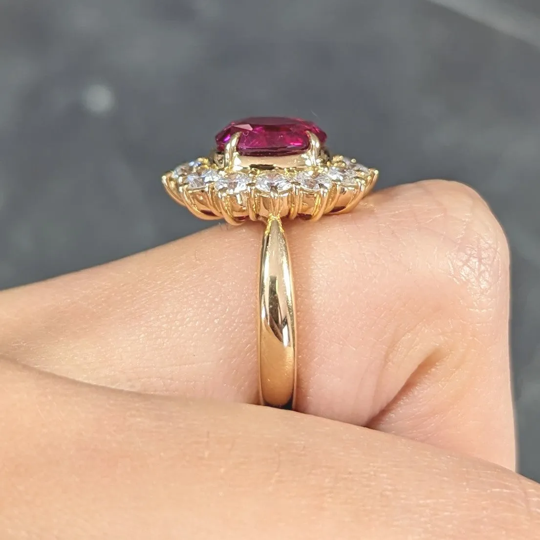 Contemporary 4.28 CTW Oval Step Cut Ruby Diamond 18 Karat Yellow Gold Halo Ring GIA