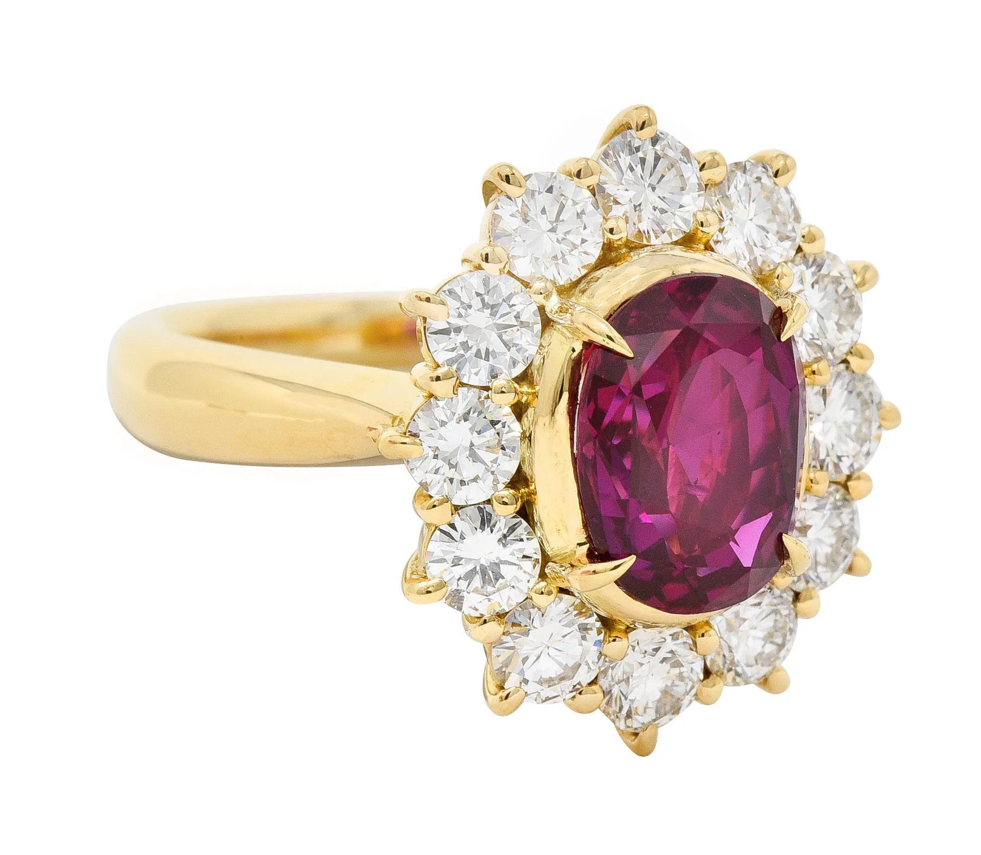 Contemporary 4.28 CTW Oval Step Cut Ruby Diamond 18 Karat Yellow Gold Halo Ring GIA