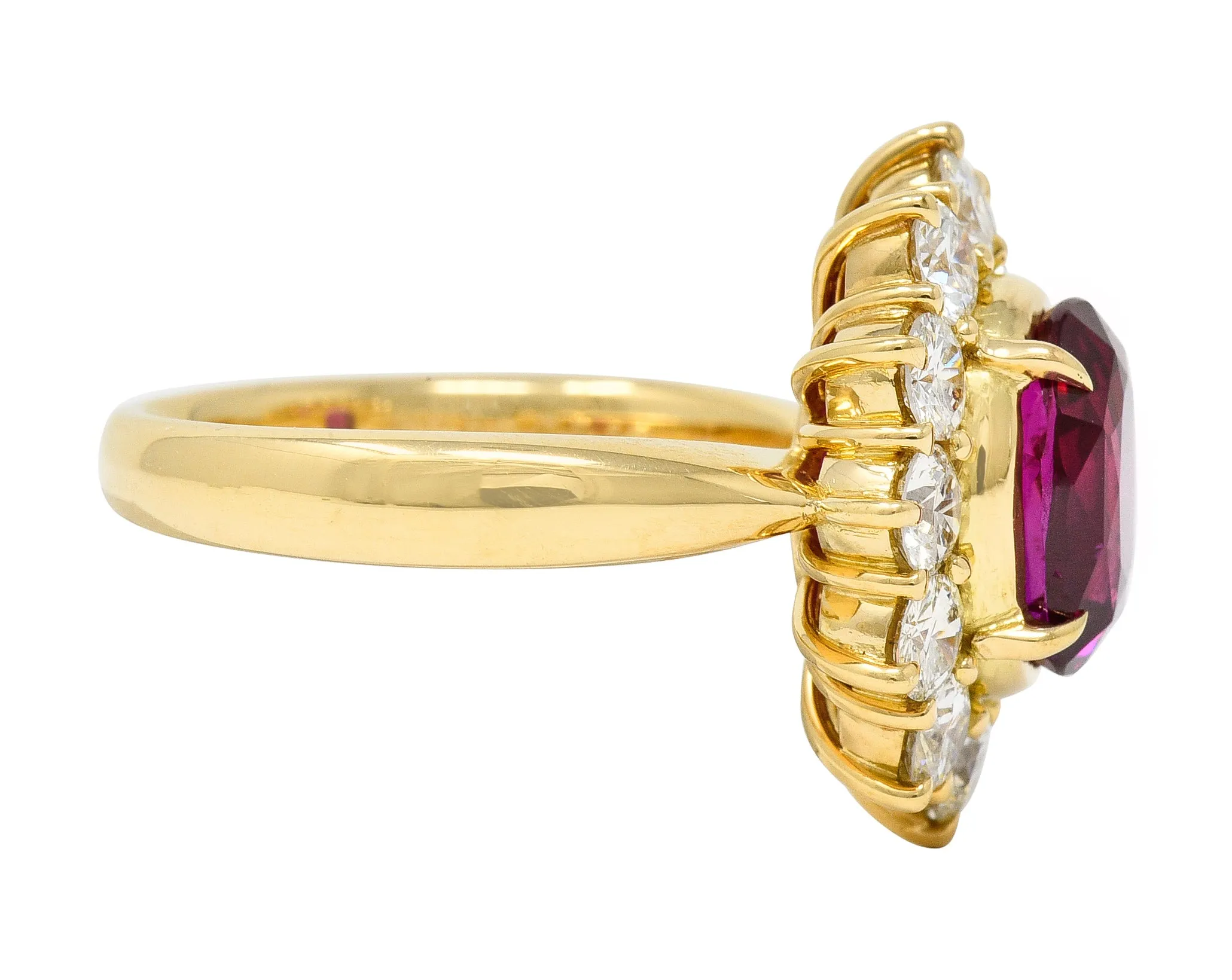 Contemporary 4.28 CTW Oval Step Cut Ruby Diamond 18 Karat Yellow Gold Halo Ring GIA