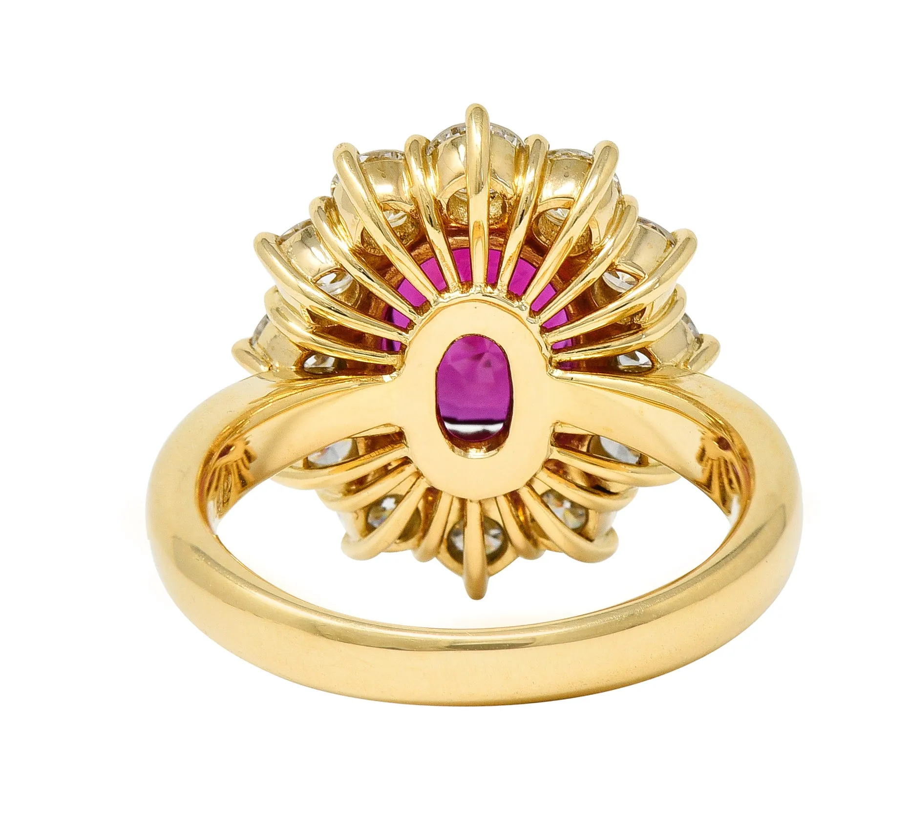 Contemporary 4.28 CTW Oval Step Cut Ruby Diamond 18 Karat Yellow Gold Halo Ring GIA