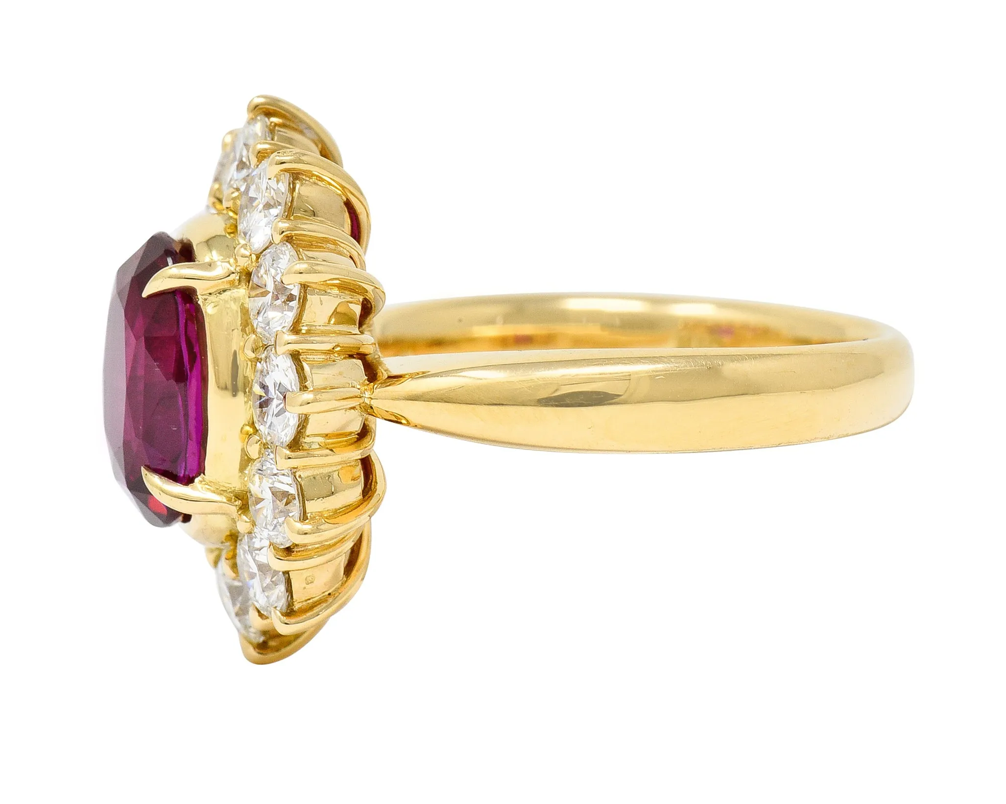 Contemporary 4.28 CTW Oval Step Cut Ruby Diamond 18 Karat Yellow Gold Halo Ring GIA