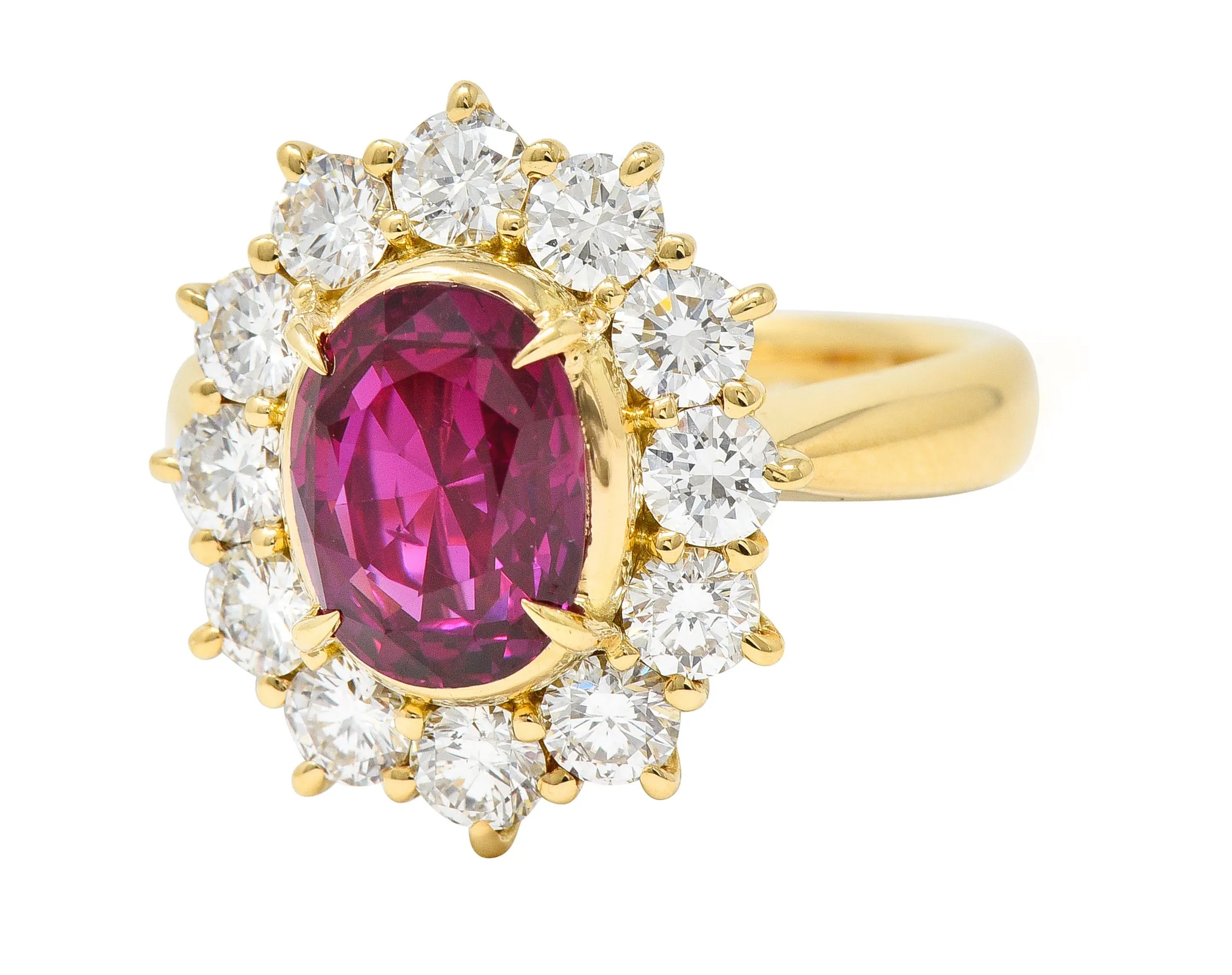 Contemporary 4.28 CTW Oval Step Cut Ruby Diamond 18 Karat Yellow Gold Halo Ring GIA