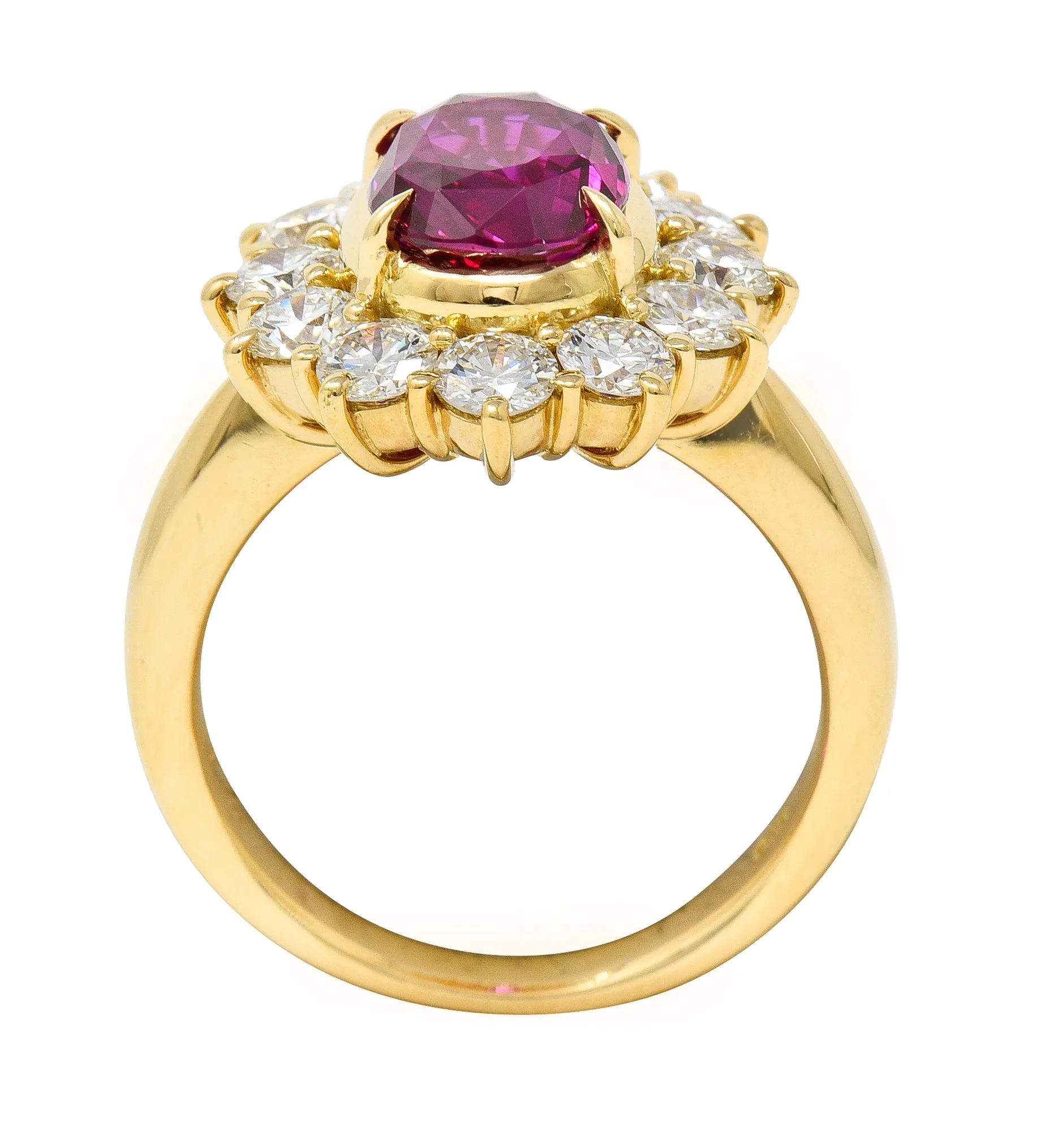 Contemporary 4.28 CTW Oval Step Cut Ruby Diamond 18 Karat Yellow Gold Halo Ring GIA