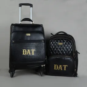 Customized 'DAT' Hand-Paint Initial Black Genuine Croco Print Diamond Stitched Leather Combo of Strolley Bag and Backpack by Bru