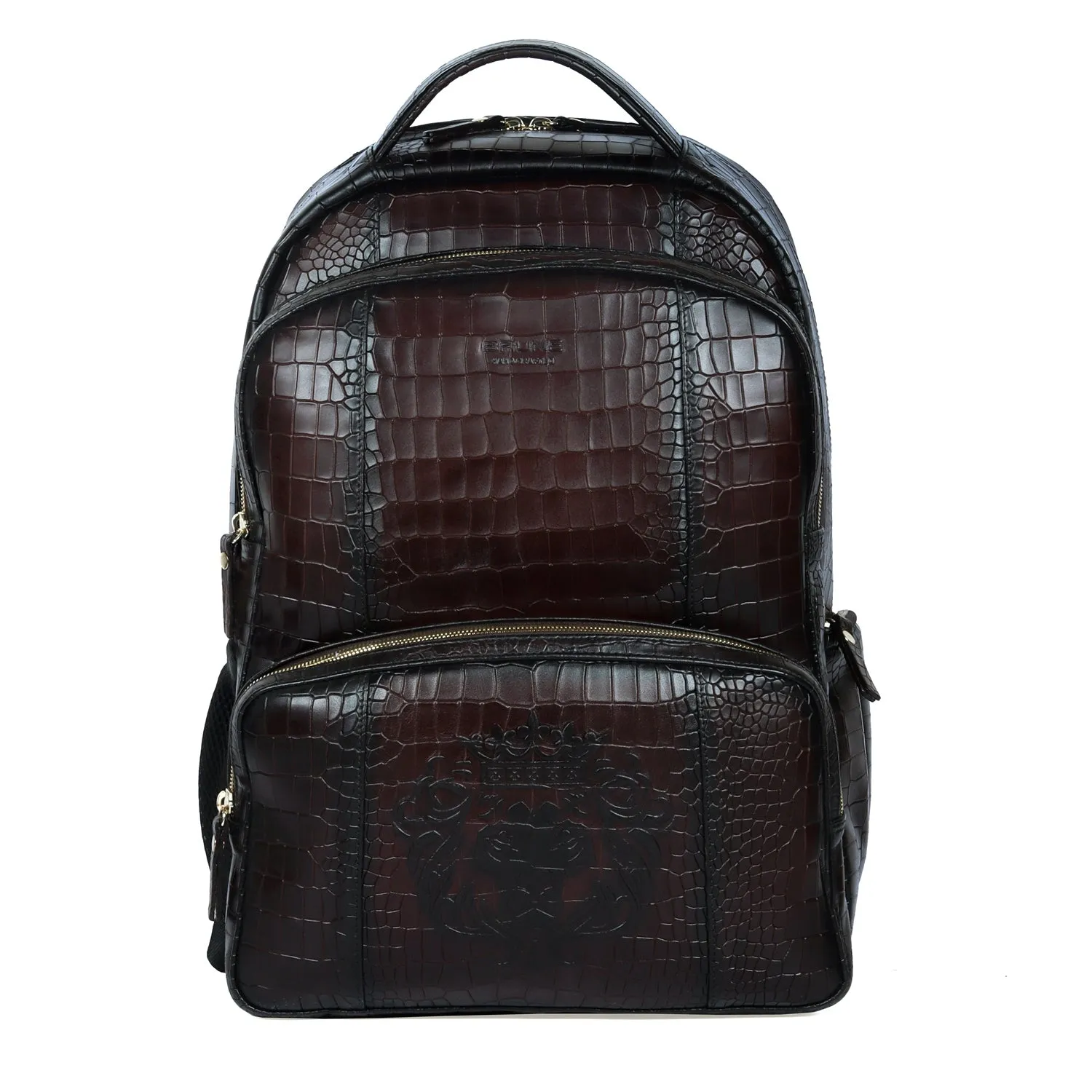 Dark Brown Leather Backpack with Embossed Lion Croco Textured Multi Pockets By Brune & Bareskin