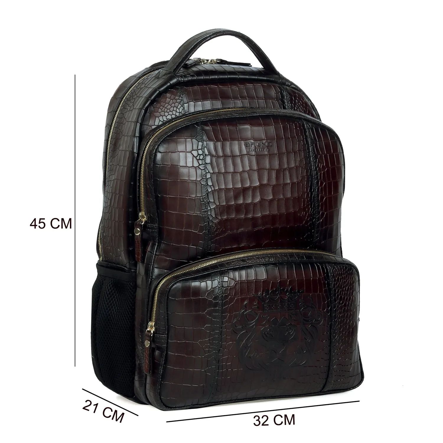 Dark Brown Leather Backpack with Embossed Lion Croco Textured Multi Pockets By Brune & Bareskin