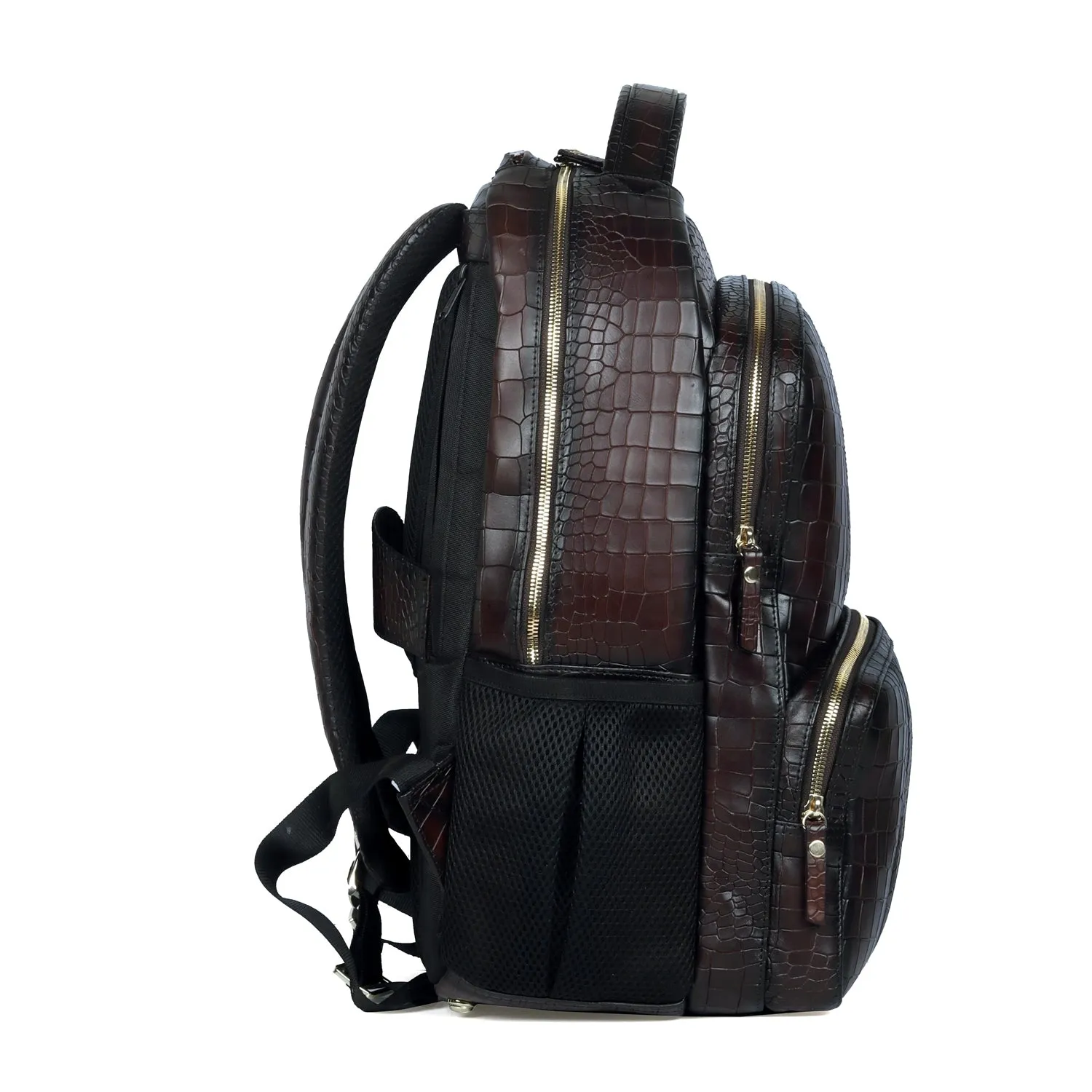 Dark Brown Leather Backpack with Embossed Lion Croco Textured Multi Pockets By Brune & Bareskin