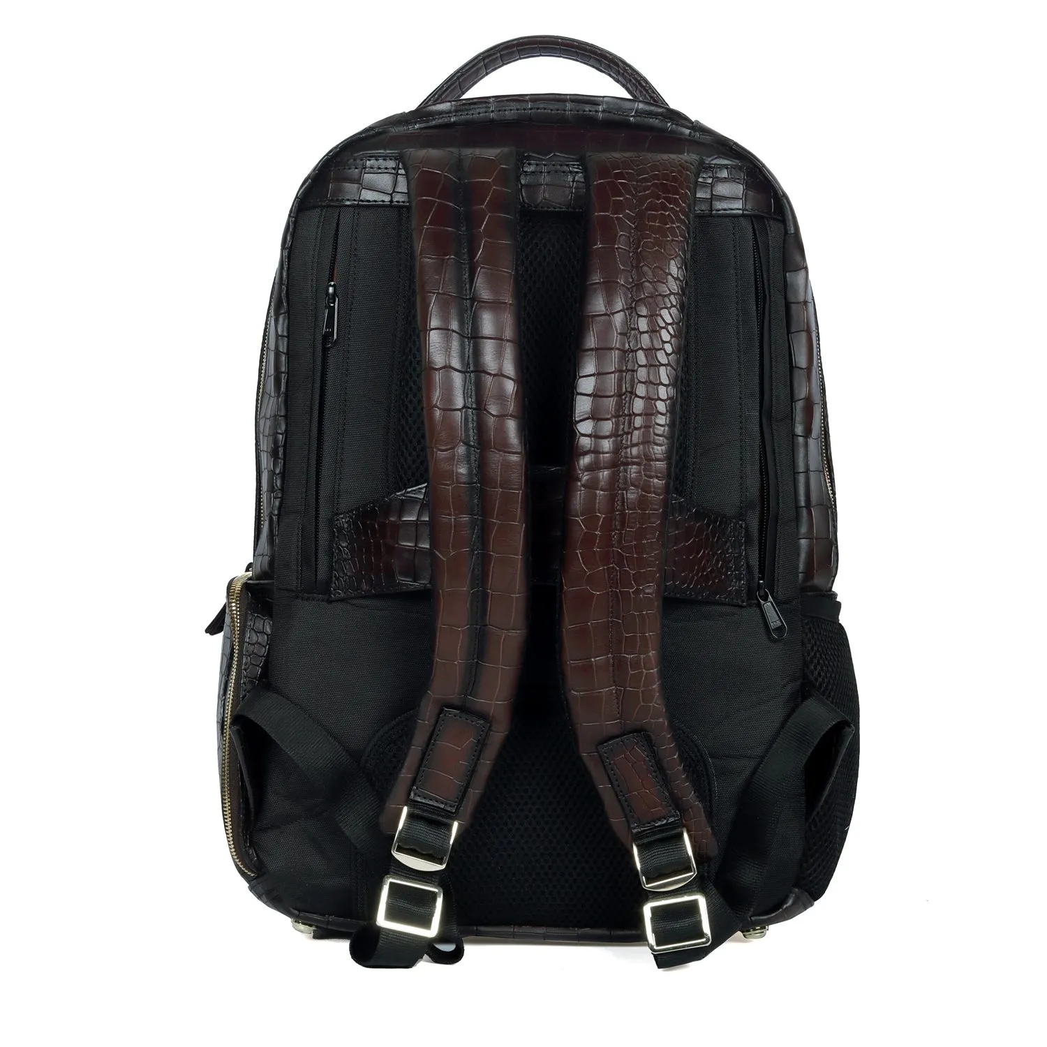 Dark Brown Leather Backpack with Embossed Lion Croco Textured Multi Pockets By Brune & Bareskin