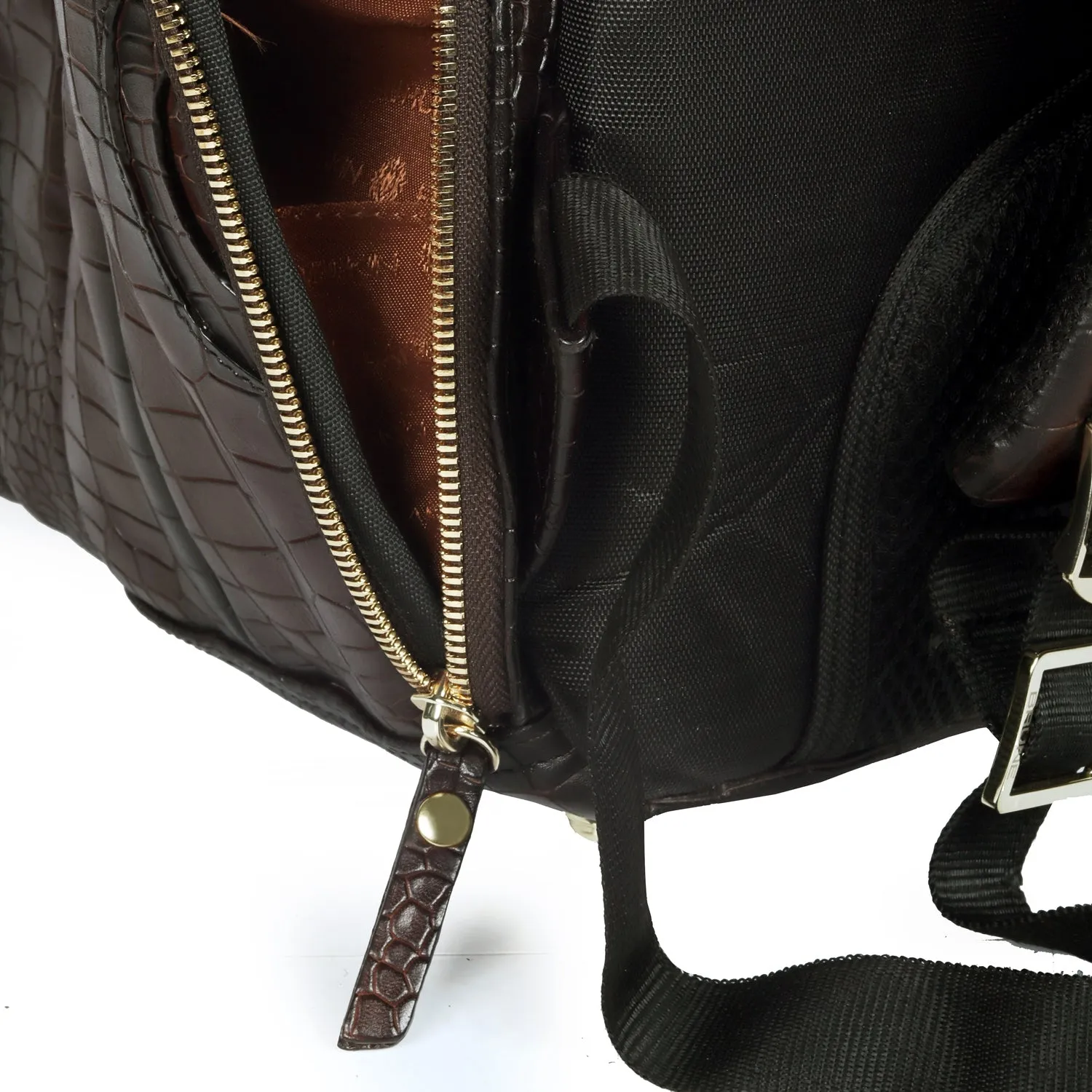 Dark Brown Leather Backpack with Embossed Lion Croco Textured Multi Pockets By Brune & Bareskin