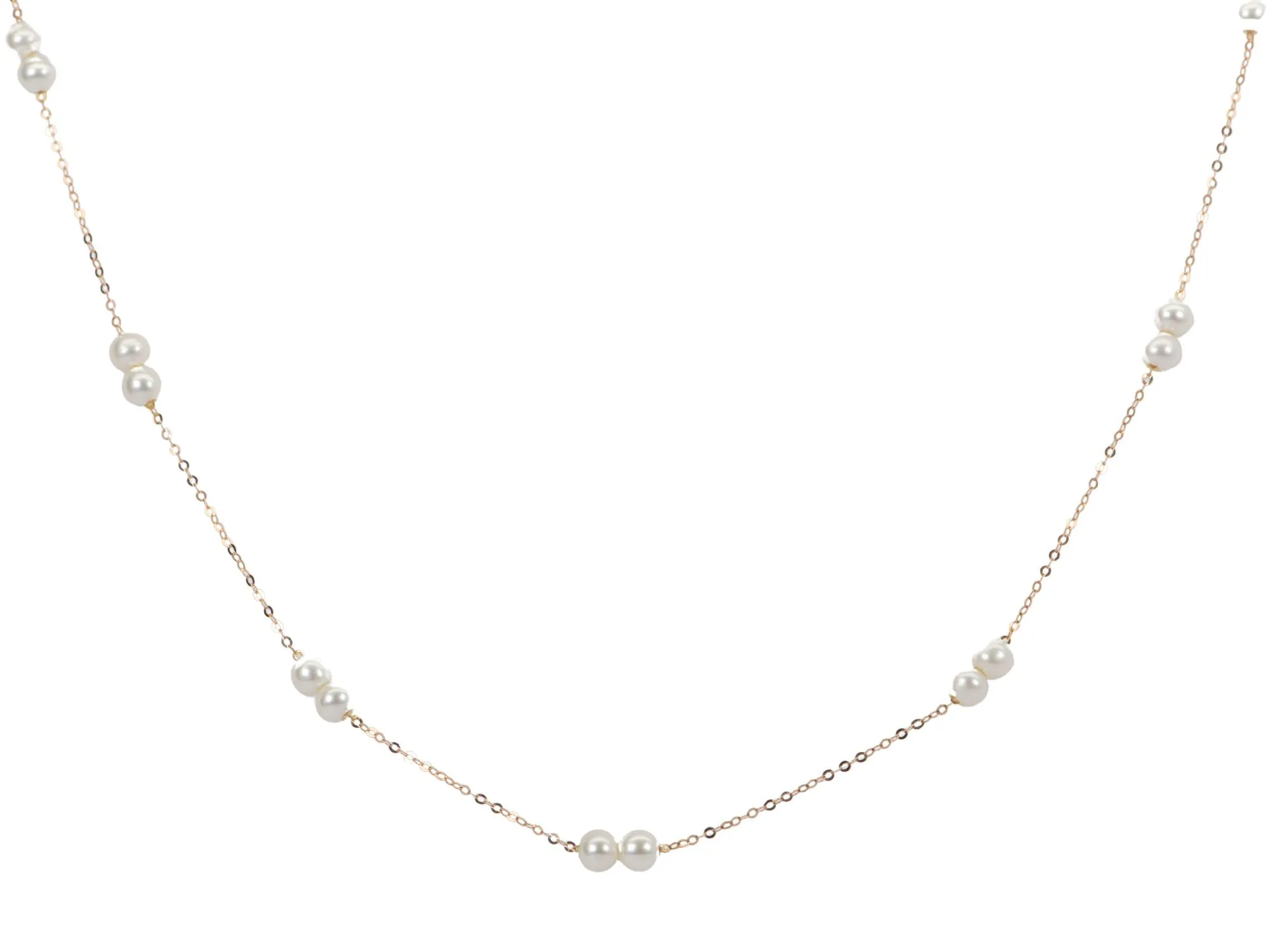 Double Pearl Station Necklace on Dainty 18K Rose Gold Chain R4366