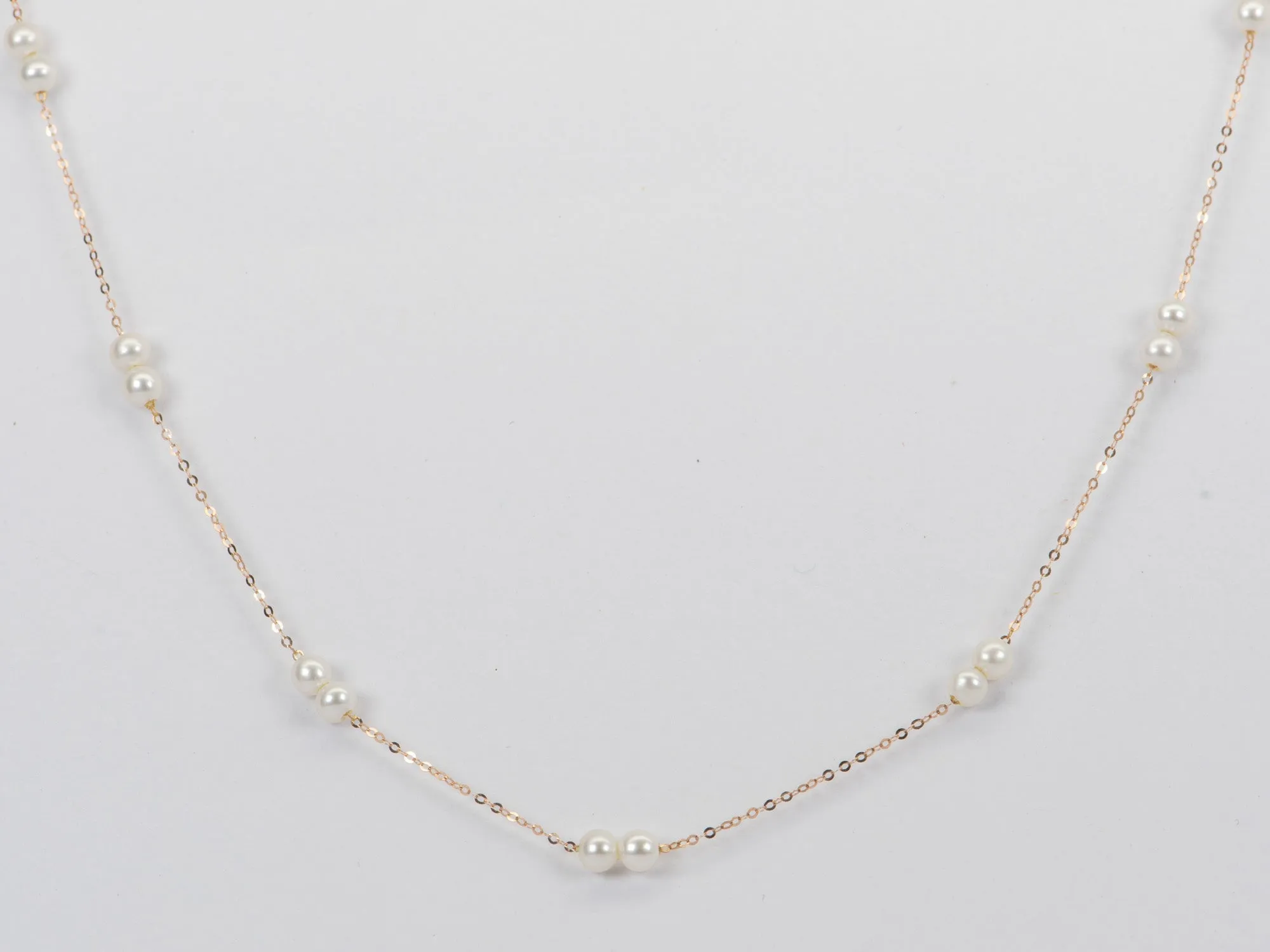 Double Pearl Station Necklace on Dainty 18K Rose Gold Chain R4366