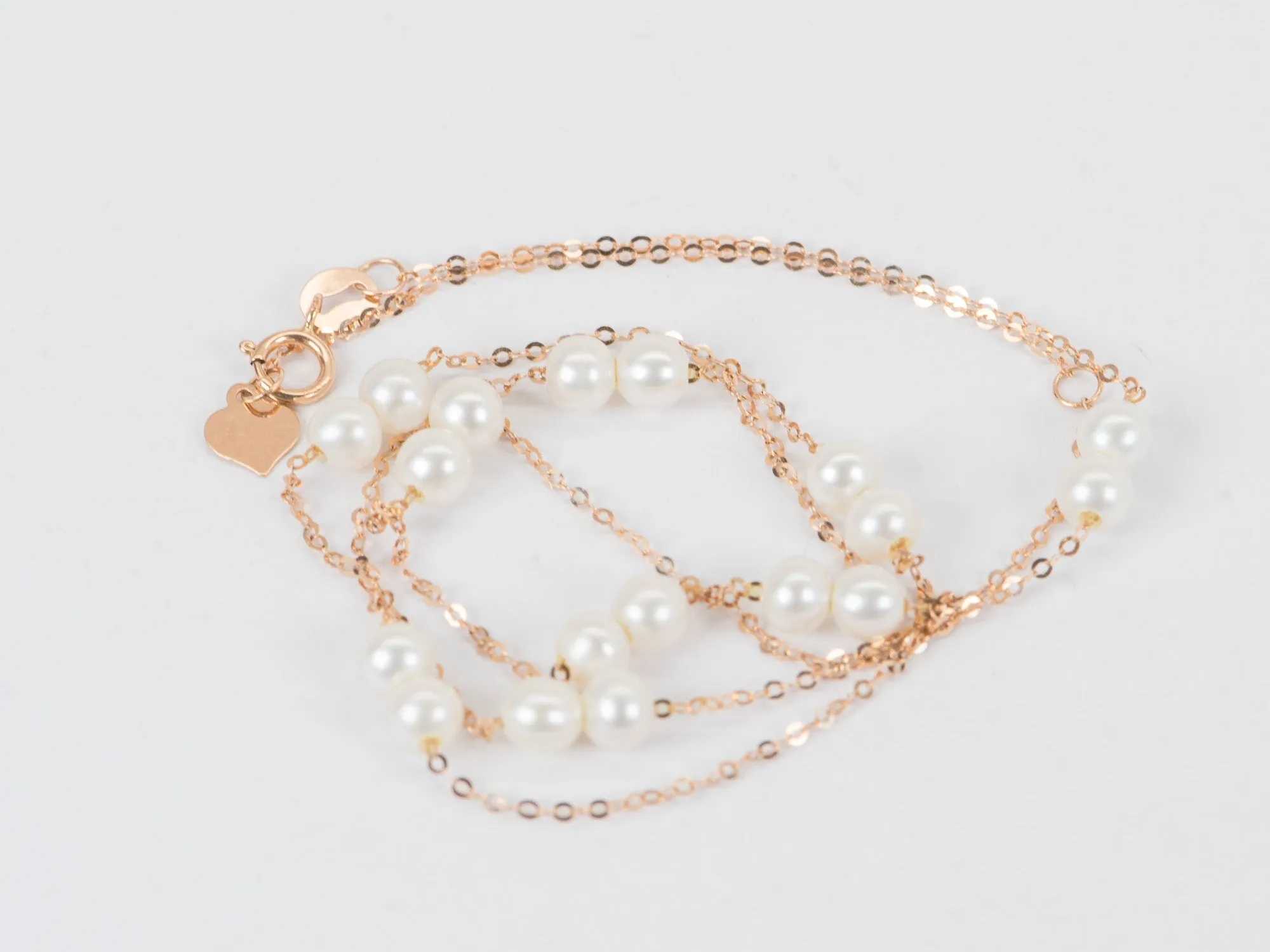 Double Pearl Station Necklace on Dainty 18K Rose Gold Chain R4366