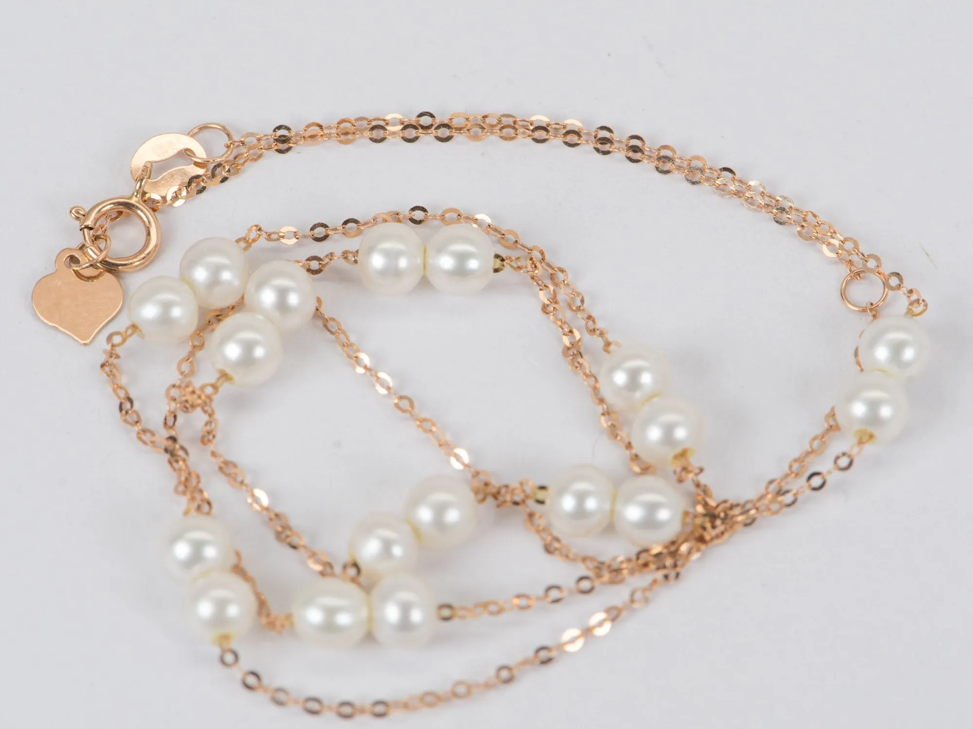 Double Pearl Station Necklace on Dainty 18K Rose Gold Chain R4366